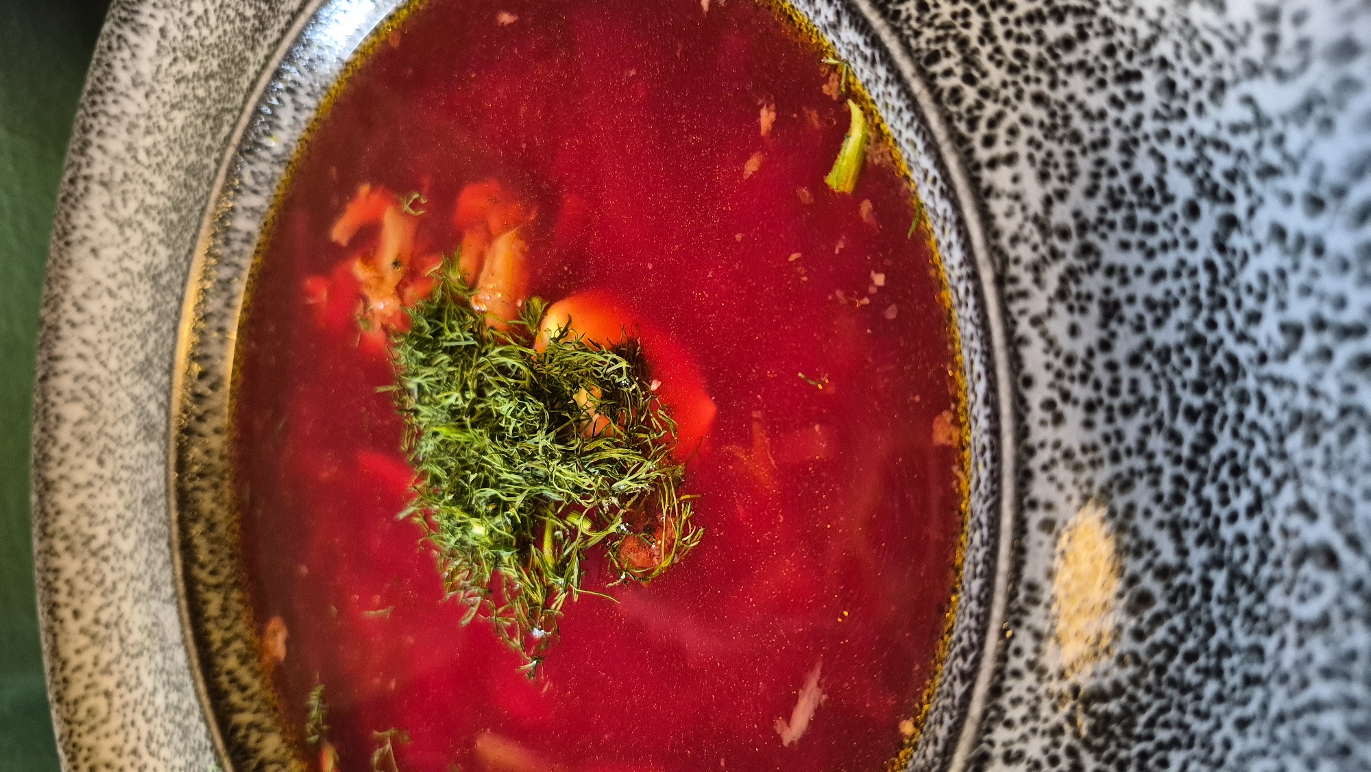 A close-up, overhead shot showcases a bowl of red soup, likely borscht, garnished with fresh dill. The soup fills most of the frame, its vibrant red broth dotted with visible pieces of vegetables and possibly meat. The bowl itself has a textured, dark and light gray speckled pattern along its rim. The background is out of focus, suggesting a restaurant or dining setting. The image appears to be taken in Zarasai, Lithuania, though no specific landmarks or identifying features of the city are visible.