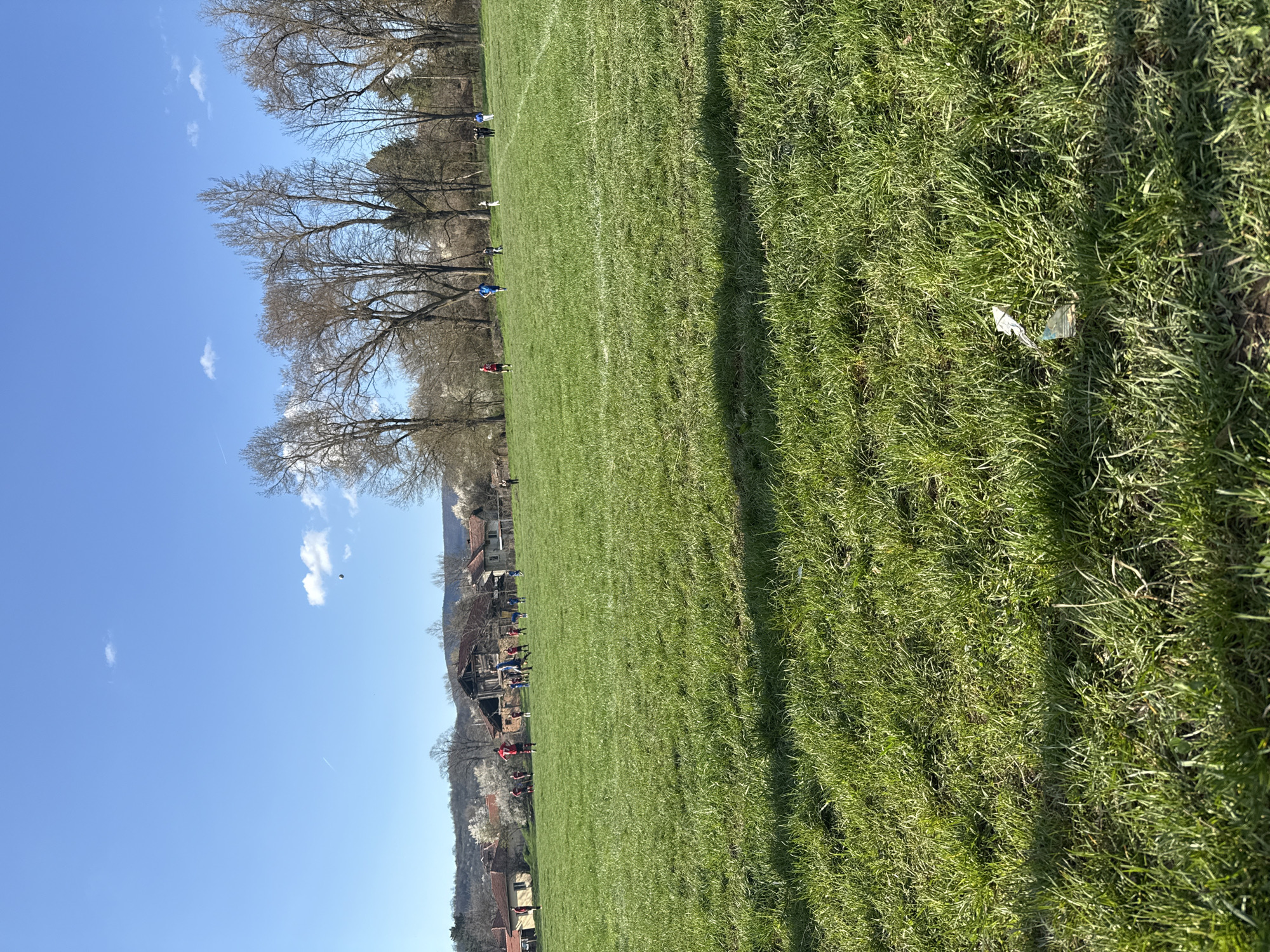 The image depicts a grassy field in Dushevo, Bulgaria, under a clear blue sky with scattered clouds. A row of leafless trees lines the edge of the field. White painted lines mark the field for sports. People are visible in the distance, near buildings at the edge of the field. Litter is visible on the grass in the foreground.