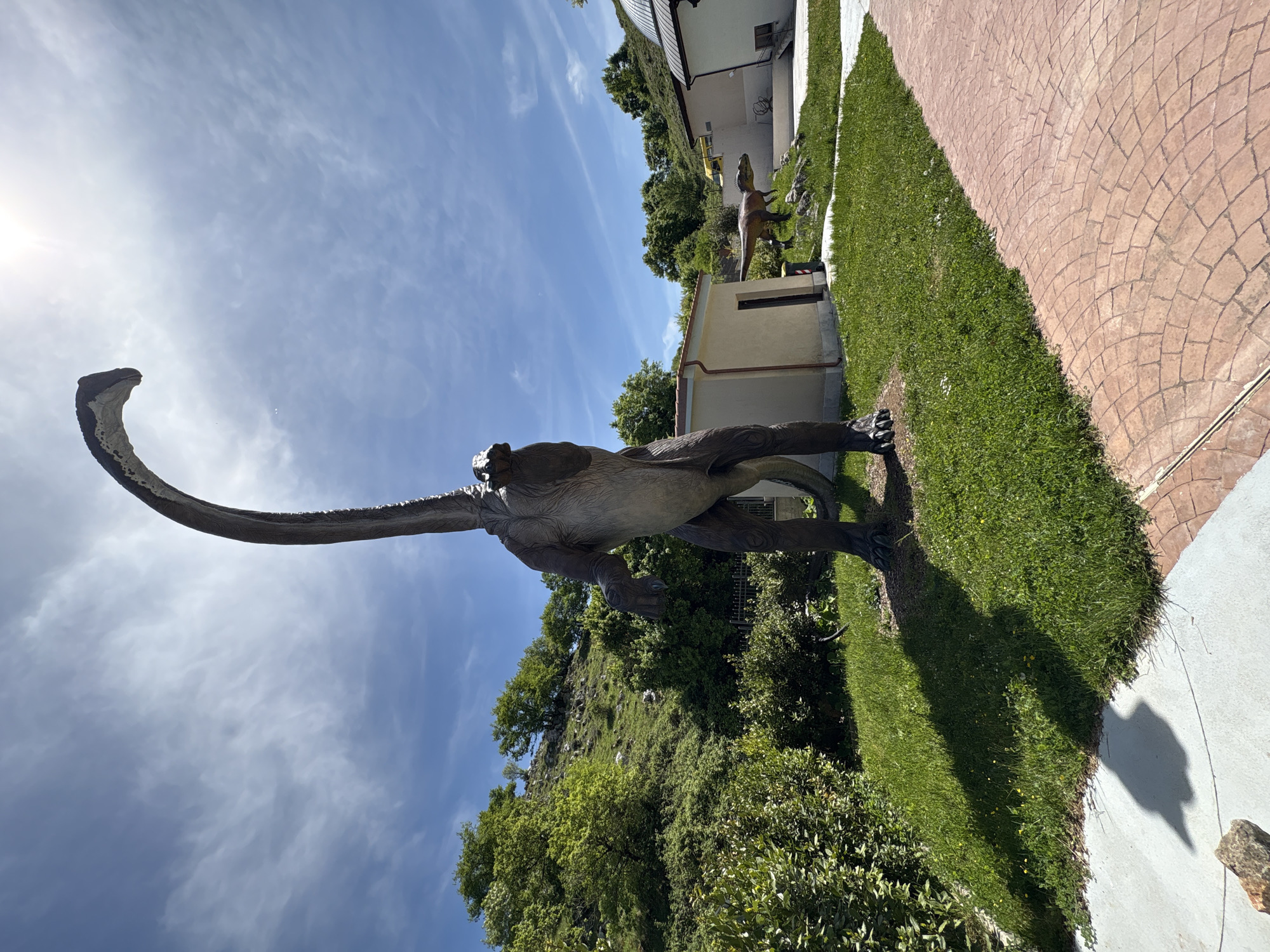 A dinosaur sculpture is the focus of the photograph, taken outdoors in Rocca di Cave, Italy, on a sunny day. The sculpture is dark-colored and has a long neck reaching high into the blue sky with wispy clouds. Another dinosaur sculpture, smaller and lighter in color, stands in the background near a small, beige building. The ground is covered with green grass and plants, some growing on a small hillside. To the right, there's a paved walkway with a textured, brick-like pattern. The lighting suggests it's daytime, casting shadows from the sculpture onto the grass.
