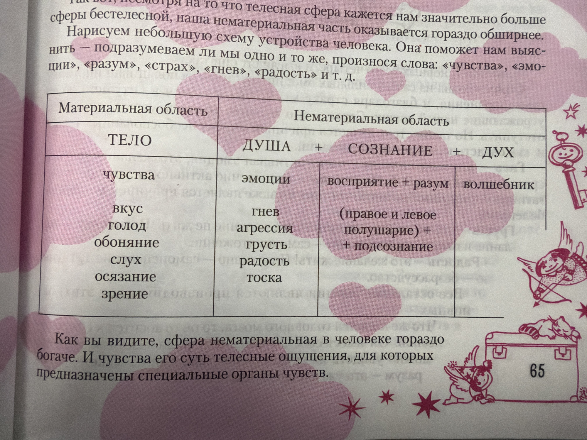 The image is a close-up of a page from a book, likely a textbook or workbook, with pink watercolor-like graphics. The text is in Russian and appears to be a table or chart with headings and entries related to human senses, emotions, and the spiritual realm.
Specifically, the visible text includes columns with headings such as "Материальная область" (Material area), "ТЕЛO" (BODY), "ДУША" (SOUL), and "СОЗНАНИЕ" (CONSCIOUSNESS). Underneath these headings are various categories like "голод" (hunger), "обоняние" (smell), "слух" (hearing), "осязание" (touch), "зрение" (sight), "вкус" (taste), "чувства" (feelings/emotions), "гнев" (anger), "агрессия" (aggression), "грусть" (sadness), "радость" (joy), "тоска" (melancholy), "восприятие + разум" (perception + reason), "дух" (spirit), and "(правое и левое полушарие) + подсознание" ((right and left hemisphere) + subconscious).
There is also a paragraph of text to the left that begins "Как вы видите, сфера нематериальная в человеке гораздо богаче. И чувства его суть телесные ощущения, для которых предназначены специальные органы чувств." (As you can see, the non-material sphere in a person is much richer. And his feelings are bodily sensations, for which special sense organs are intended.)
The page is decorated with stylized drawings of cherubs, a suitcase with the number "65" on it, a key, and stars, all in pink tones.
There is no information in this image that would allow for its location to be identified as Homyel, Belarus, or any other specific city. The image solely depicts content from a book.