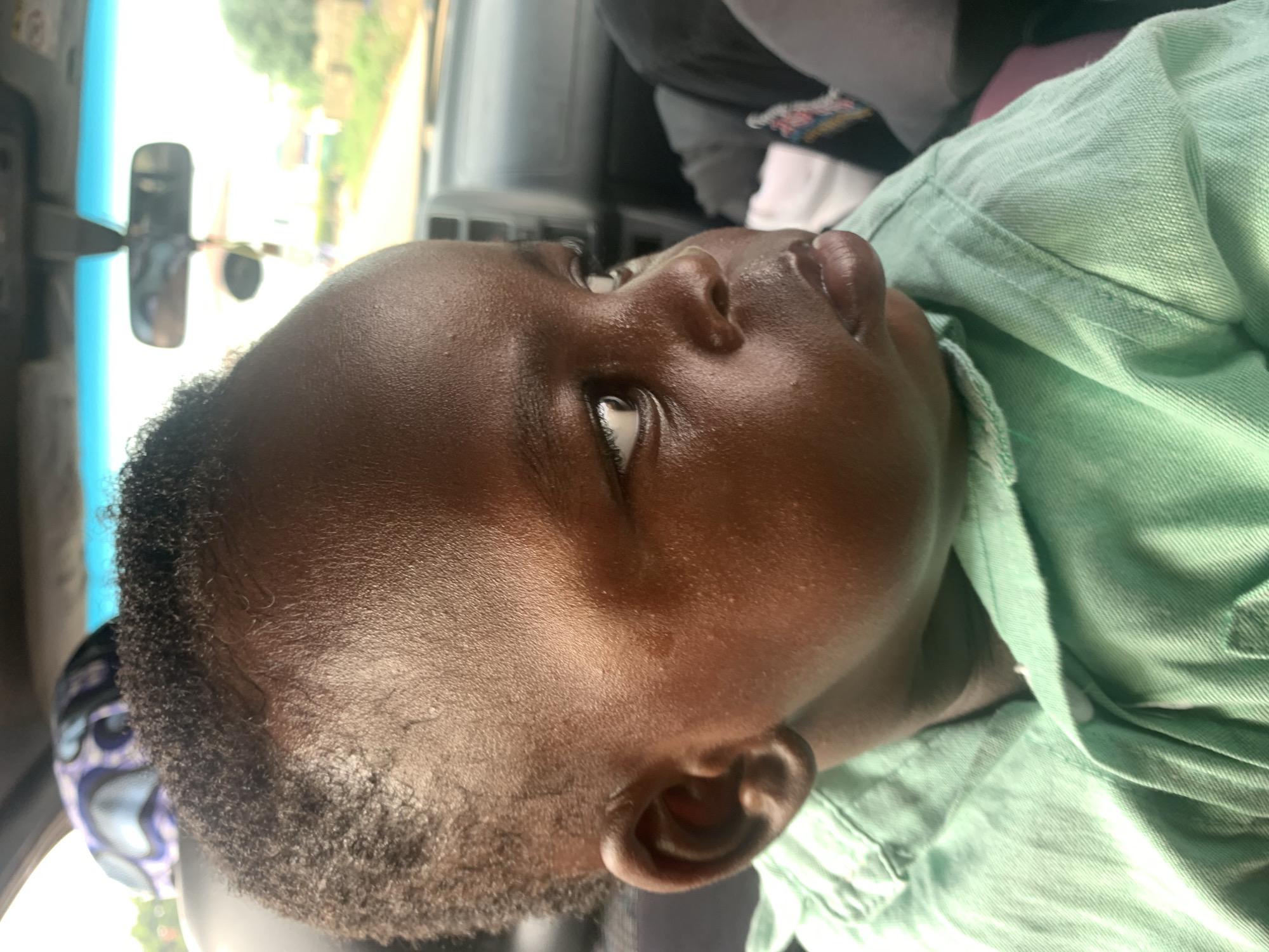 A close-up, side-view photograph captures a young Black child seated in a vehicle. The child has dark skin and short, curly black hair. They are wearing a light green collared shirt. The child is looking off to the right, with their right eye clearly visible. The interior of the vehicle is visible, including the dashboard, rearview mirror, and part of the windshield. Outside the vehicle, greenery and a road can be seen.