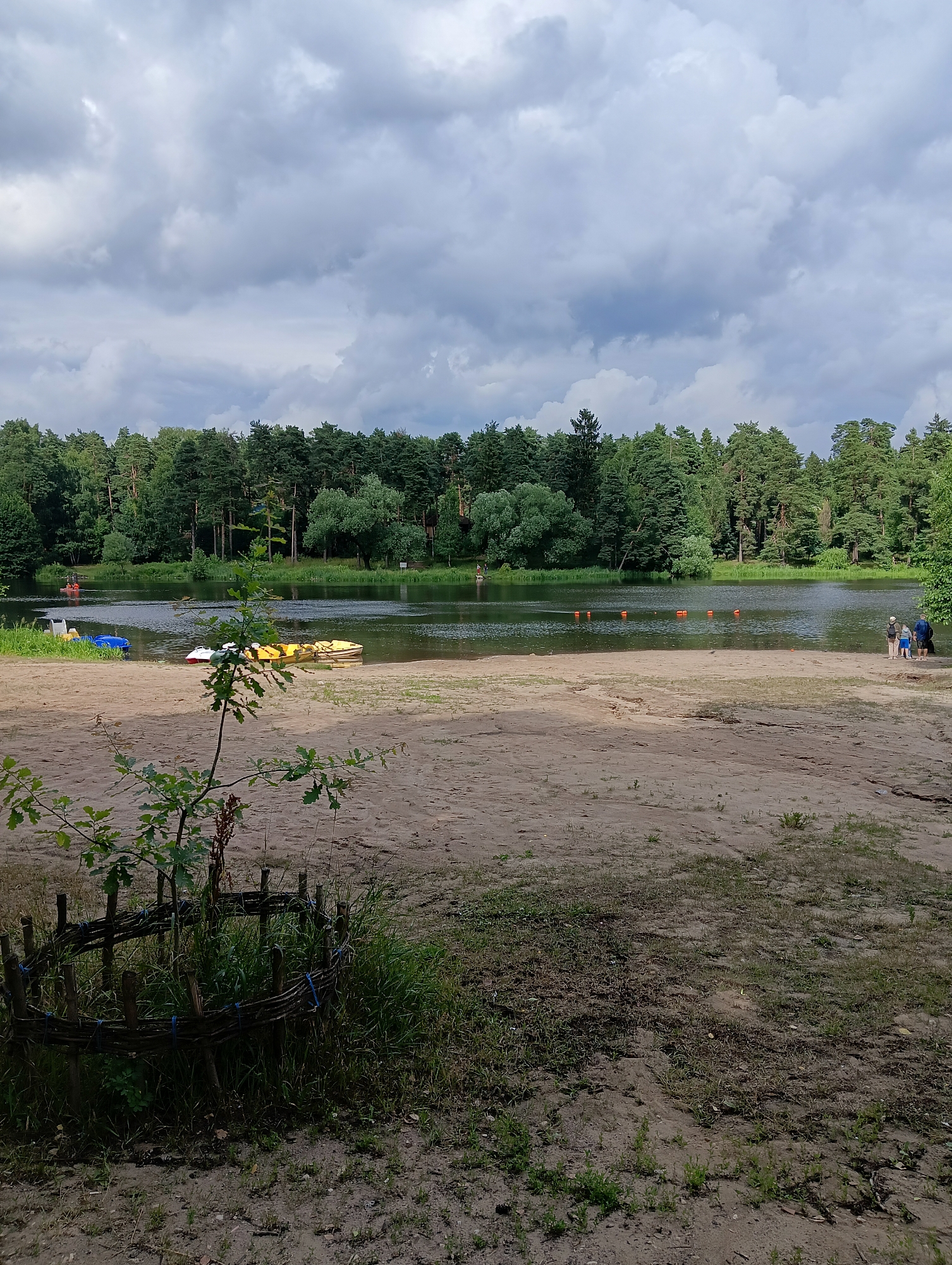 This image depicts a wide shot of a lake and its sandy shore, likely within the city of Kratovo, Russia, given the context. The water is calm, with several small boats, including paddle boats and a red boat, docked or floating near the shore. Orange buoys mark a section of the lake. The shore is a mixture of sand and sparse vegetation, with a small, recently planted tree in the foreground, protected by a woven fence. A dense forest of tall green trees forms the backdrop to the lake. The sky is overcast with dramatic, grey clouds. On the far right of the shore, a small group of people, possibly two adults and two children, are standing. The overall scene suggests a recreational area by a lake.