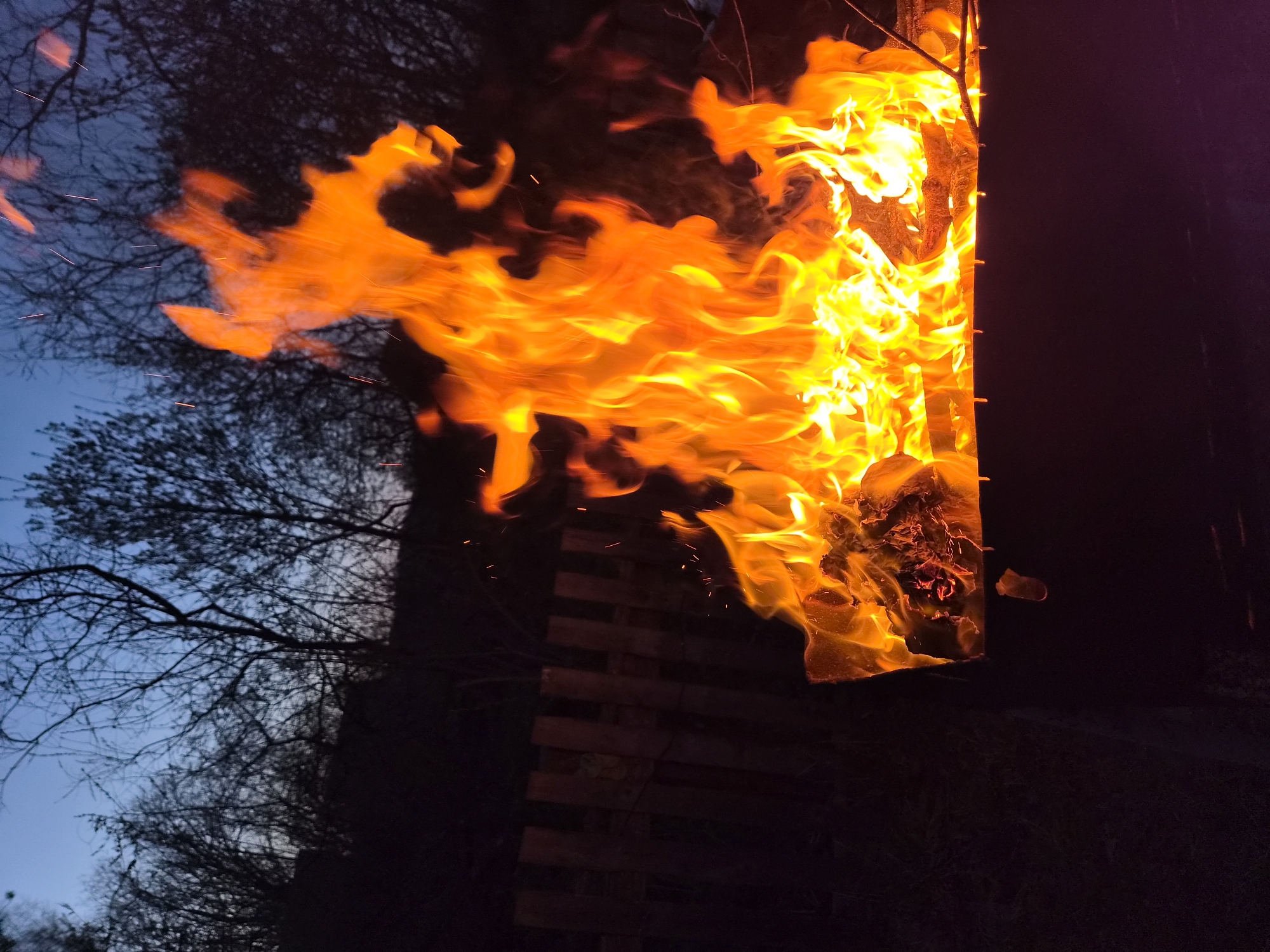 The image shows a fire at night, possibly a bonfire. A wooden pallet-like structure is engulfed in flames. Bare trees are visible against a dark blue twilight sky in the background. The ground is dark and indistinct. The location is not discernable from the image.