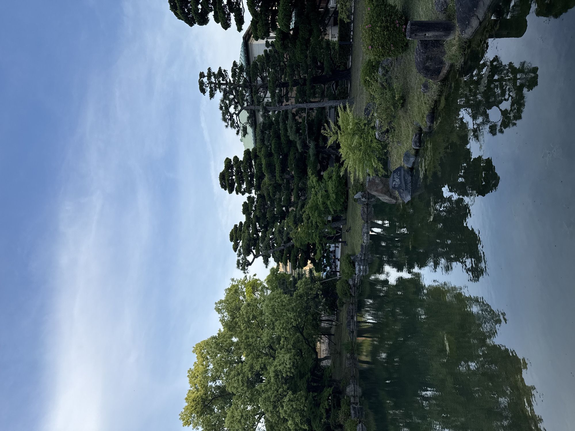The image shows a reflective pond in Kyoto, Japan. Trees with distinctive, meticulously pruned branches line the edge of the pond, their reflections mirrored in the still water. The sky above is a pale blue with wispy clouds. A building with a green roof is partially visible behind the trees. The scene is serene and evokes a sense of tranquility typical of Japanese gardens.
