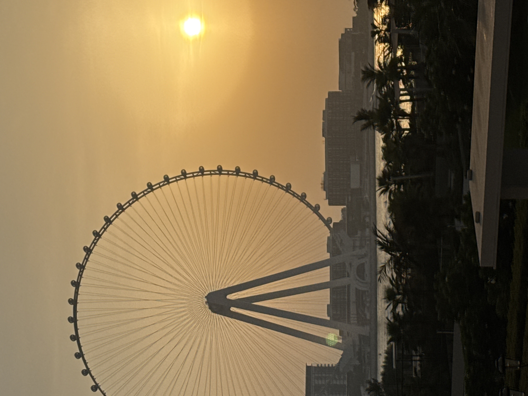 The image captures a sunset over Dubai, United Arab Emirates. A large Ferris wheel, likely Ain Dubai, dominates the left side of the frame, its spokes radiating outwards against the hazy orange sky. The sun, a bright orb, is visible in the upper right quadrant, casting a warm glow over the scene. In the middle ground, a waterfront skyline is discernible, with buildings and palm trees silhouetted against the water. The foreground shows the top of a building or structure with some dark foliage. The overall impression is of a serene, picturesque evening in a major metropolitan area.