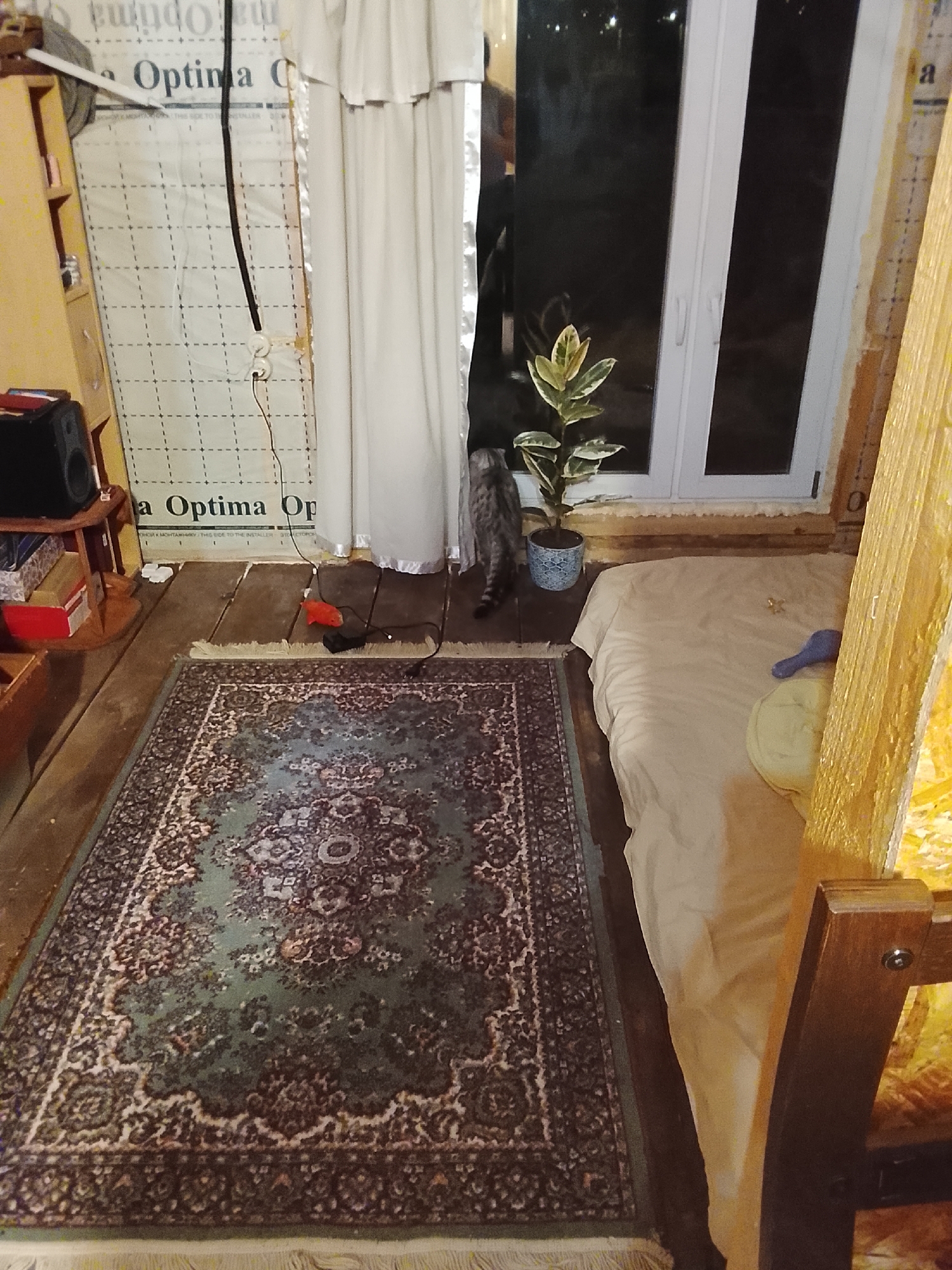 The image shows an interior space, possibly a room in a house in Высокиничи, Russia. A Persian-style rug dominates the foreground. To the left, there is a wooden bookshelf or shelving unit with a speaker and boxes on it. In the center, a gray cat is walking towards a potted plant near a window. The window is a double-paned type, with white frames. A white curtain hangs to the left of the window. To the right of the window is a bed with a beige sheet. A wooden post is visible on the right side of the image, suggesting a structural element of the room. The walls are partially covered with what appears to be insulation panels. An electrical outlet and wire are visible near the wall.