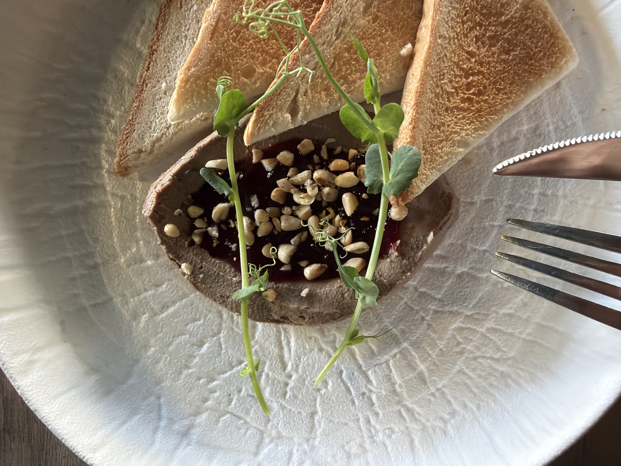 A top-down view captures a culinary presentation on a white, textured plate. The plate holds toasted bread slices arranged around a central mound of what appears to be pâté topped with nuts and a reddish jam or jelly. Fresh green sprouts garnish the dish. A fork and knife rest on the edge of the plate. The image provides no immediate information about the location within Chaikovsky, Russia.