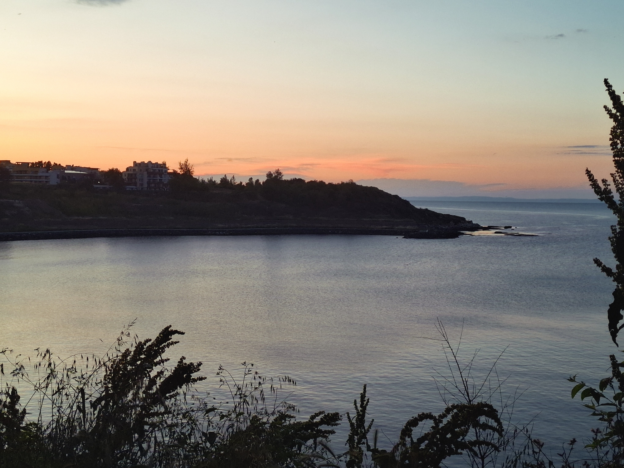 The image depicts a serene coastal landscape at sunset in Tsarevo, Bulgaria. In the foreground, silhouetted wild grasses and bushes frame the lower portion of the frame. Beyond them, a calm body of water, likely the Black Sea, stretches towards the horizon. The water reflects the soft hues of the twilight sky. On the distant shoreline, a row of buildings, possibly hotels or residential apartments, is visible atop a dark, tree-covered hill. The sky displays a gradient of colors, transitioning from a pale peach and orange near the horizon to a soft blue and grey overhead. A small, rocky outcrop or island is discernible in the water on the right side of the image, catching a faint reflection of the setting sun. The overall atmosphere is tranquil and peaceful, capturing the end of a day in this Bulgarian coastal town.