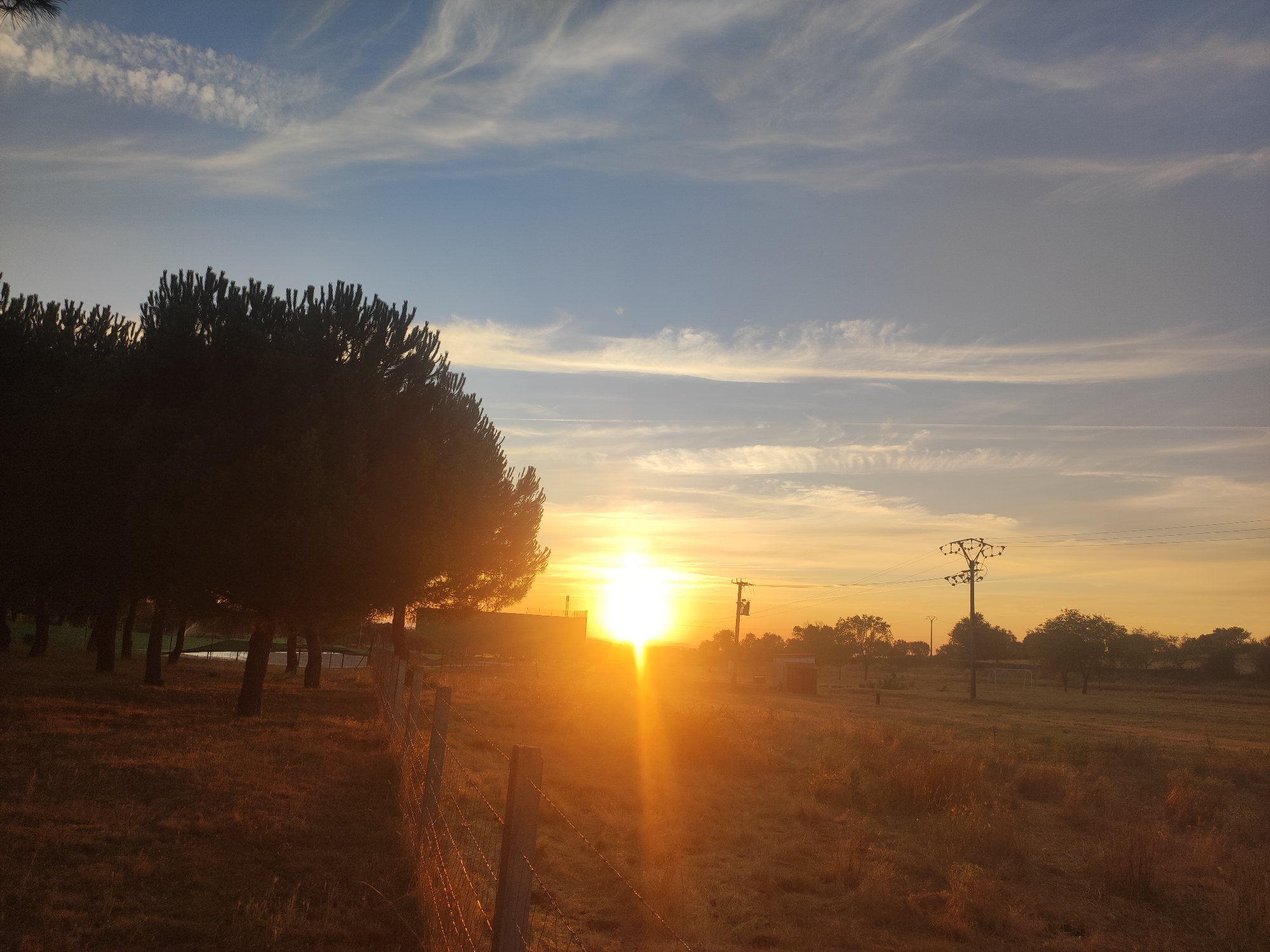 The image depicts a rural landscape at sunset. A line of dark, silhouetted trees stands on the left, with the setting sun directly behind them, creating a bright flare. The foreground features a wire fence and dry, golden grass. In the distance, a power pole with wires is visible, along with scattered trees and structures. The sky is a gradient of blue and orange, with wispy clouds. The location is identified as Sobradillo, Spain.