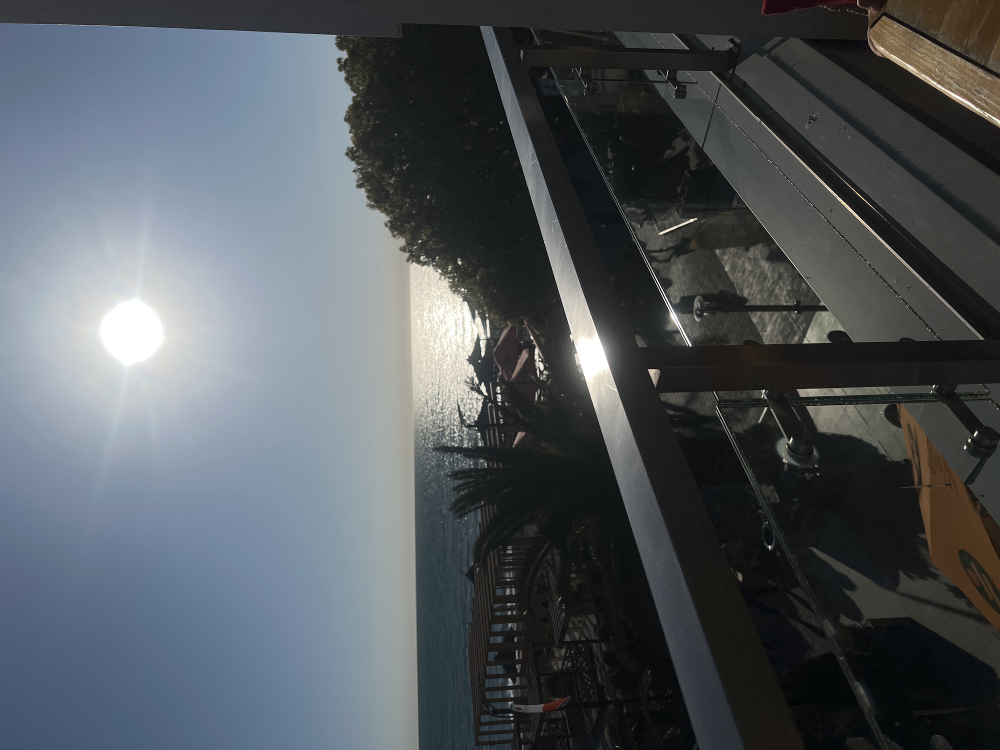 This media file presents a bright, sun-drenched outdoor scene from a high vantage point, likely a balcony or terrace, overlooking the coastline and sea in Sochi, Russia. The image is oriented vertically, with the horizon running diagonally from the bottom-left to the mid-right.
In the foreground, a modern balcony railing occupies the right side of the frame. It consists of dark, rectangular metal bars and transparent glass panels, reflecting portions of the sky and surroundings. Shadows of unseen objects or people are cast upon the railing and a wooden surface visible in the upper right.
Beyond the railing, the shimmering surface of the sea (presumed to be the Black Sea) stretches towards the horizon, reflecting the intense sunlight as a brilliant path of light. A dense line of trees, appearing as dark silhouettes, borders the coast between the sea and the foreground elements, with some palm trees also discernible. Indistinct structures or buildings are nestled amongst the greenery near the waterline.
The sky, a clear, pale blue, dominates the left side of the image. The sun is a prominent, intensely bright orb, slightly off-center to the left, creating a significant lens flare and halo effect, indicative of a clear and sunny day, likely mid-morning or afternoon. The strong sunlight creates a high contrast scene, with bright highlights on the water and deep shadows on the land and foreground structures.
No discernible human figures are clearly visible, nor is any legible text or branding present in the image or its crops. The scene conveys a sense of tranquility and a scenic coastal vista.