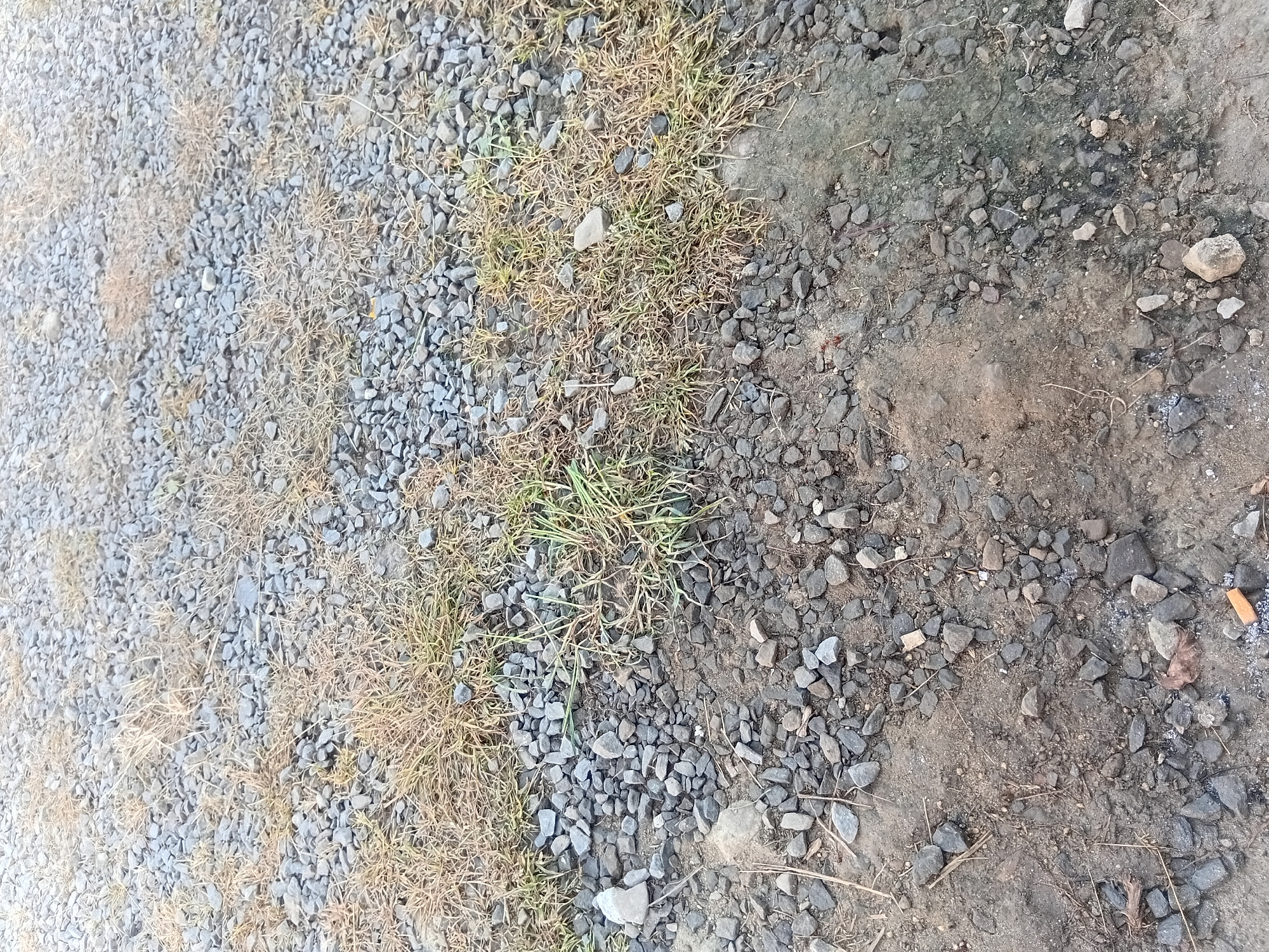 The image depicts a ground-level view of a gravel and dirt surface with patches of dry and green grass. Scattered throughout the scene are small, grey stones of various shapes and sizes. The bottom portion of the image shows a patch of bare, disturbed earth with some debris, including a discarded cigarette butt. The environment appears to be an outdoor area, possibly a pathway or unpaved section of land in Verkhniachka, Ukraine. There are no people or discernible actions taking place.