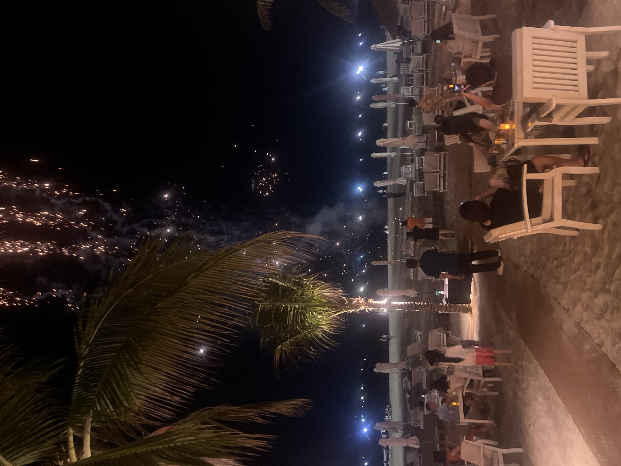 This image depicts a nighttime scene on a beach in Đà Nẵng, Vietnam, with fireworks illuminating the dark sky. Palm trees frame the view, casting shadows on the sand. Several beach chairs and umbrellas are set up, some occupied by people enjoying the spectacle. In the foreground, a group of individuals are seated at tables, appearing to dine or socialize. Further back, on the beach, more people are visible, some standing and observing the fireworks. The overall atmosphere suggests a festive occasion.