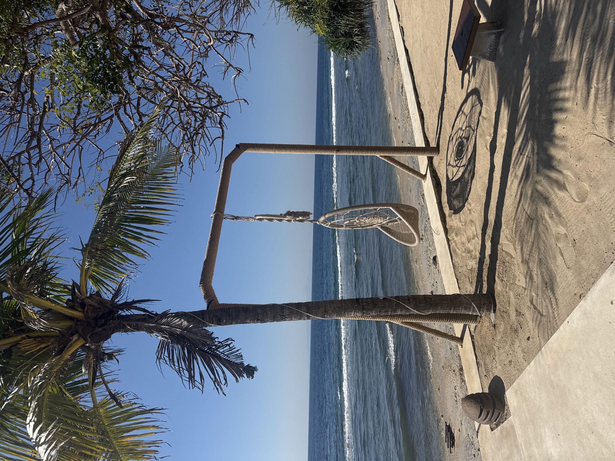 This image captures a sunlit beach scene in Nusa Penida, Indonesia, under a clear blue sky. In the foreground, a sandy area transitions to a concrete path on the left and a concrete retaining edge bordering the immediate beachfront. A prominent feature is a U-shaped swing structure constructed from two vertical posts and a horizontal beam, all wrapped in natural-colored rope. The left post of this structure is integrated with the trunk of a large palm tree, also wrapped in rope. From the center of the horizontal beam hangs a single, light-colored, circular, woven swing with a central pattern, suspended by rope.
To the left of the swing structure, the large palm tree's green fronds extend into the upper left of the frame. On the right, a tangle of bare tree branches with sparse green foliage extends across the upper right quadrant. Further right and closer to the water, dense green tropical bushes are visible.
The midground features the blue ocean with gentle white-capped waves breaking on the shore, which appears to be a mix of sand and small stones. Distant landmasses are faintly visible on the horizon line.
Strong sunlight from the right casts distinct shadows across the sand in the foreground, including intricate patterns from the palm fronds and a clear silhouette of the circular swing. A small, dark-colored wooden bench with a light-colored stone base is positioned on the right side of the sandy area, partially within these shadows. On the far left, near the concrete path, a dark, vertically stacked, abstract stone or concrete sculpture is visible. No individuals are present in the scene.