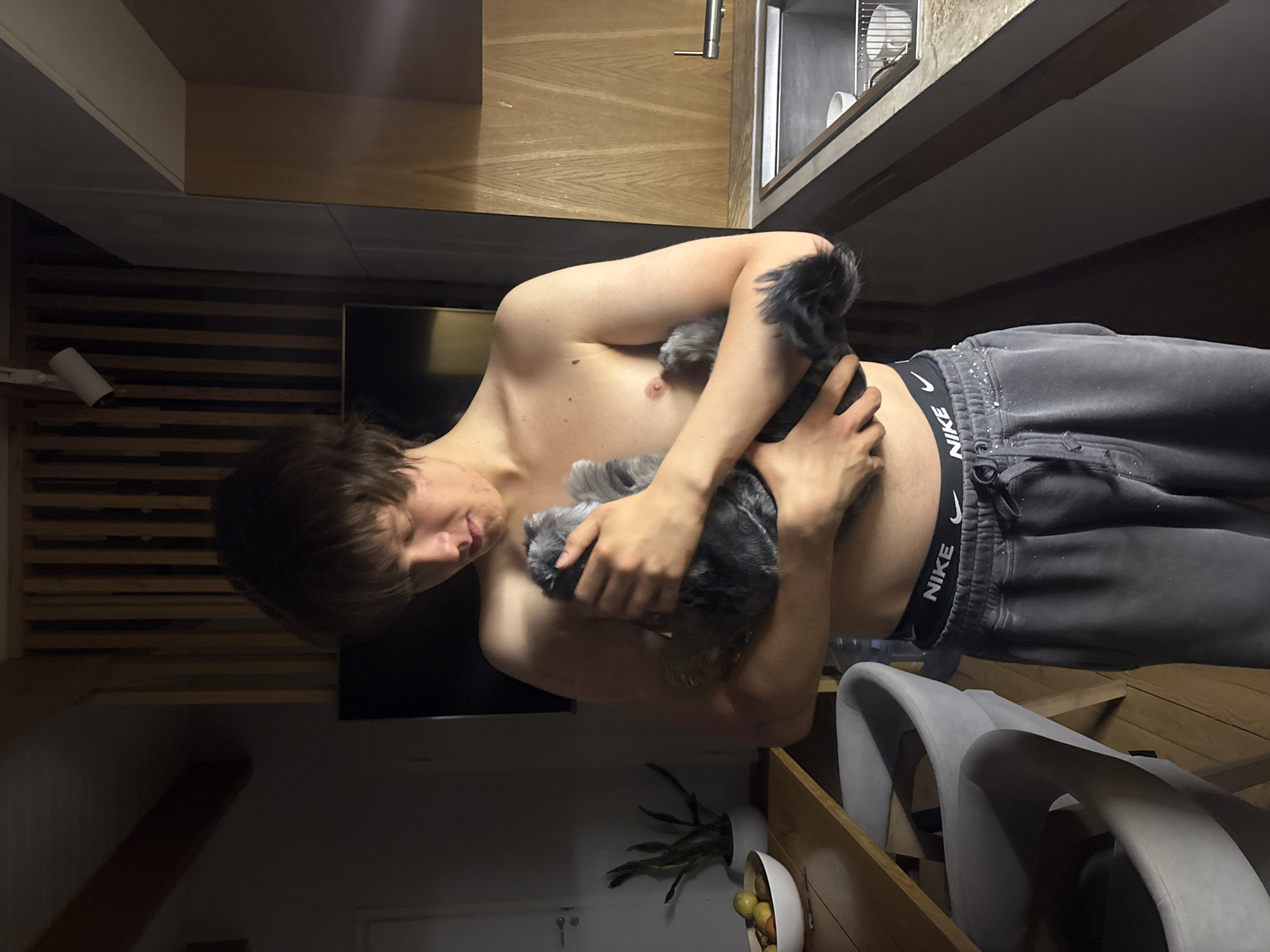 The image captures a young man gently holding a small, fluffy grey cat against his chest in what appears to be a modern indoor setting in Chaikovsky, Russia. The man is shirtless, wearing dark grey sweatpants, with a visible black waistband of Nike boxers displaying the "NIKE" logo. He is looking down at the cat with a soft expression, suggesting a moment of affection and comfort. The cat seems content, nestled in his arms.
The background reveals a contemporary domestic interior. To the man's right, there are light-colored wooden kitchen cabinets and a stainless steel sink with a faucet. To his left, a dark slatted wall panel is visible, along with part of a large dark screen, possibly a television. In the foreground, two modern light grey chairs are partially visible, and a wooden surface holds a white bowl filled with fruit (like apples and oranges) and a potted plant in a white pot. A white roll, resembling toilet paper, rests on a shelf in the deeper background. The overall lighting is dim, indicating it might be evening or night.