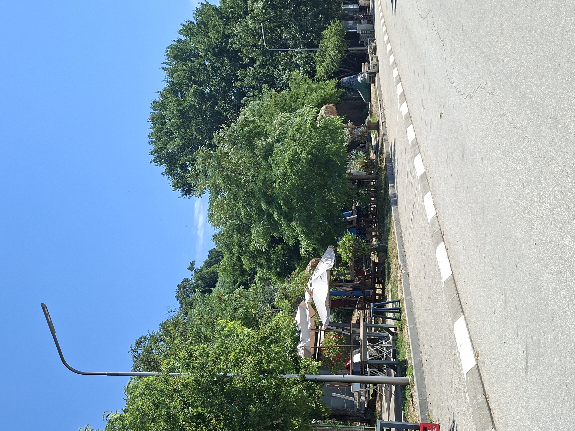 The image shows a street scene in Varna, Bulgaria on a bright, sunny day. The perspective is from a low angle, looking upwards. A paved road with a white and grey striped curb runs along the right side of the frame. On the left side of the road, there is a vibrant green landscape with lush trees and vegetation. Scattered among the greenery are outdoor seating areas with tables and chairs, suggesting a cafe or restaurant. Some tables are covered by white umbrellas, providing shade. A few people are visible sitting at the tables, engaged in conversation or enjoying their time. The clear blue sky indicates fair weather. A modern-style street lamp with a curved arm is visible in the upper left portion of the image, rising above the trees. The overall scene depicts a pleasant, relaxed outdoor setting in a city environment. The image appears to have been taken during daylight hours.