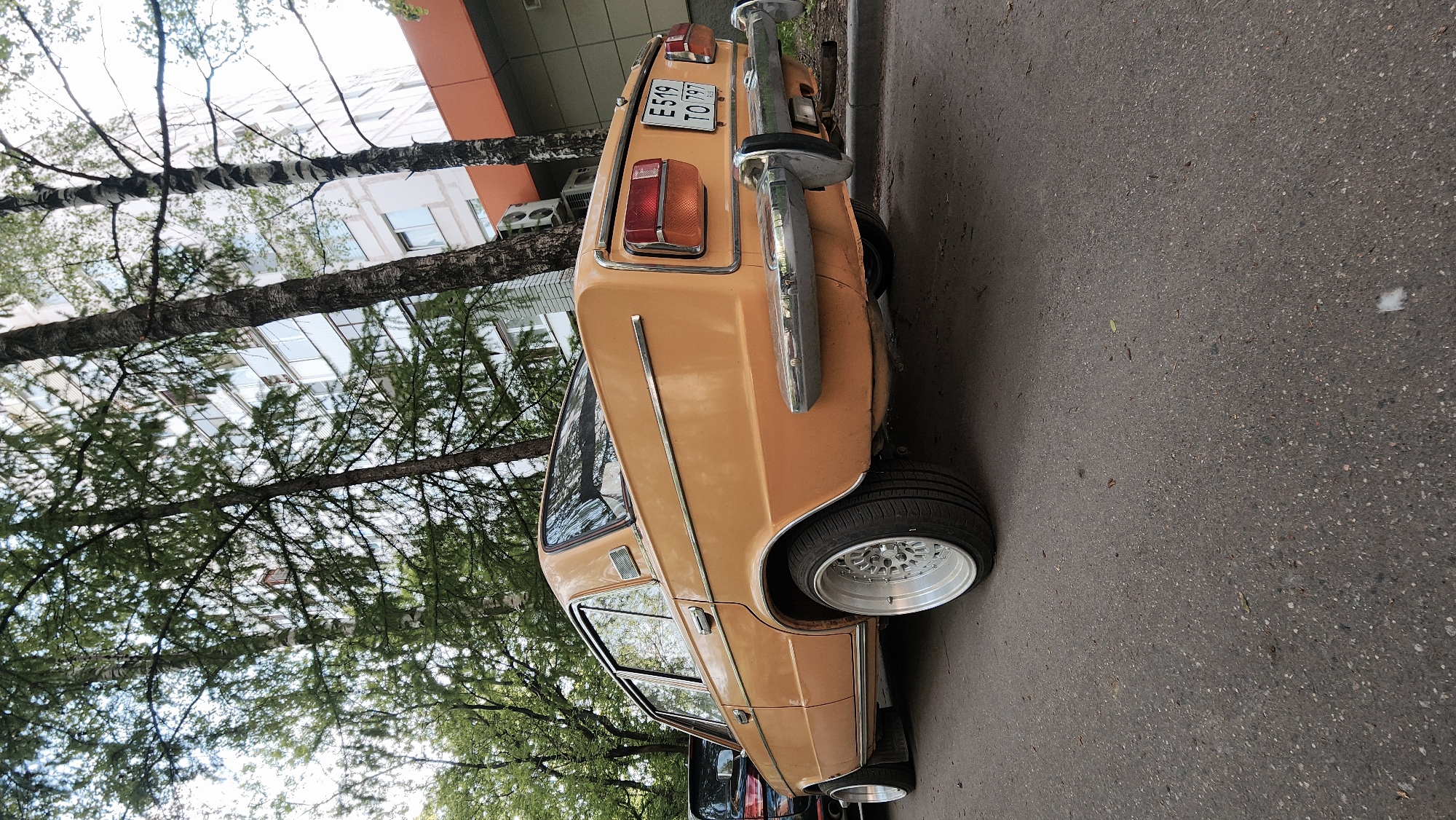 The image shows a beige Lada car parked on an asphalt street in Moscow, Russia. The car's rear is facing the camera, revealing the license plate E519 TO 797. The car has chrome bumpers and custom wheels. In the background, there is a modern building with a facade of white and orange panels. Trees with green foliage partially obscure the building. The sky is visible through the branches. The scene is captured in daylight, with no visible people. The environment suggests a residential or commercial area in Moscow.