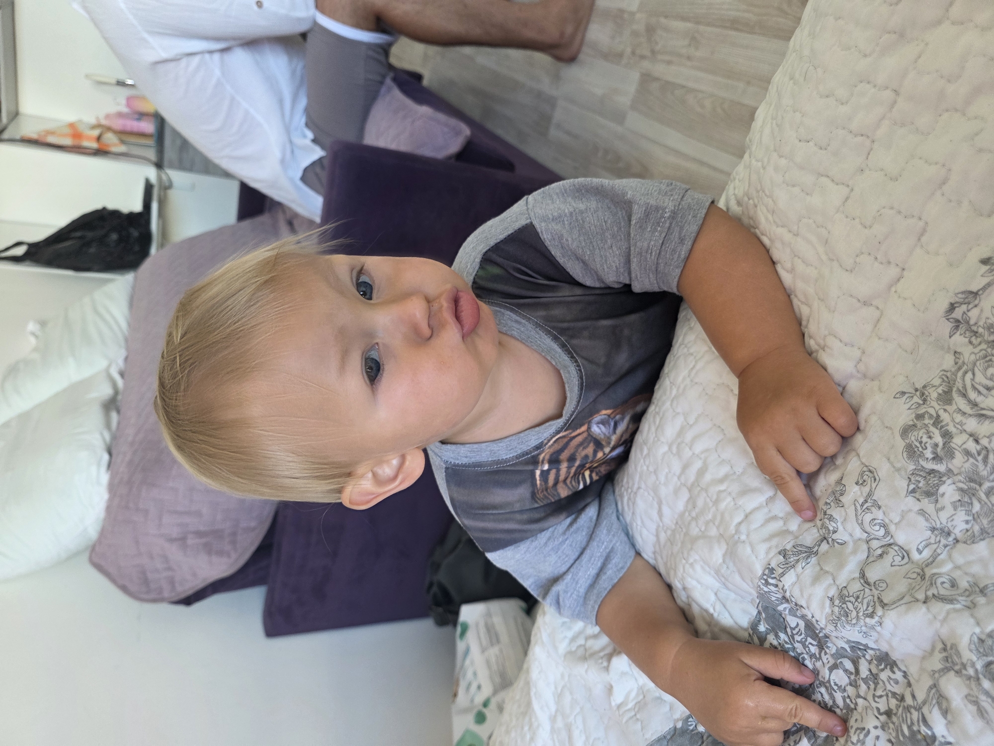 A fair-skinned, blond-haired toddler with blue eyes is lying on a quilted surface, possibly a bed, with their upper body leaning forward. The toddler is wearing a grey t-shirt with a tiger graphic. Their hands are resting on the quilted surface, and they are looking directly at the camera with pursed lips. In the background, a purple sofa is visible, along with a person in a white shirt and grey shorts. The floor appears to be light-colored wood or laminate. The overall setting suggests an indoor environment, possibly a home or hotel room. The image has a shallow depth of field, with the toddler in sharp focus and the background slightly blurred. There is no indication that this scene is located in Sochi, Russia.