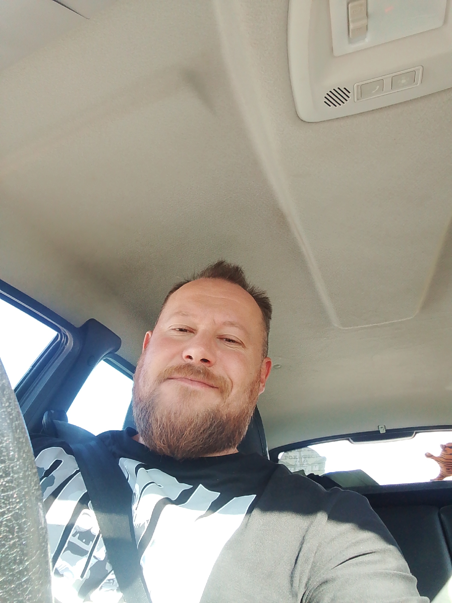 A middle-aged man with a beard is sitting in a car, likely in the driver's seat given the angle and position of the steering wheel and seatbelt. He is wearing a black t-shirt with white patterns. The car's interior is a light color, with a panel containing buttons and a speaker visible on the ceiling. Outside the car's back window, a partially visible building is visible, which appears to be marked "FO", but the remainder of the text is unclear. A tiger figurine is placed in the back window. The man is smiling slightly. Given the location of Chaikovsky, Russia, it is likely the photo was taken there.