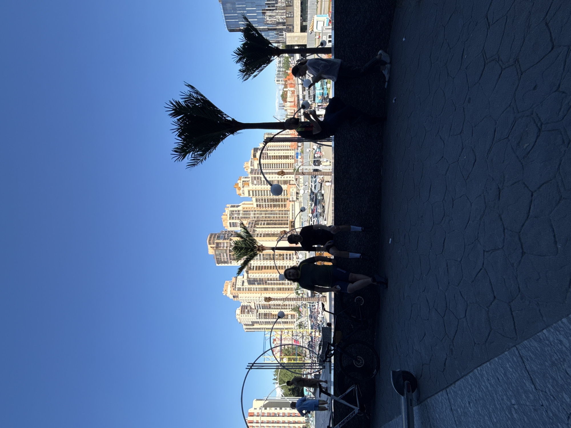 This image depicts a group of people silhouetted against a backdrop of modern high-rise buildings and palm trees in the city of Saint Petersburg, Russia. The foreground features a paved area with a textured pattern, where two bicycles and a scooter are visible. A low wall serves as a resting place for several individuals.
On the left side of the wall, a person with a full beard wearing a dark t-shirt and shorts is leaning against it. Next to them, another person in a dark t-shirt and shorts is seated. To the right, a figure in dark clothing is seated, and a person in lighter clothing is standing. Further to the right, a couple is interacting, with one holding what appears to be a small object.
In the mid-ground, several palm trees are prominent, their silhouettes stark against the bright blue sky. Behind the palm trees, a variety of multi-story buildings dominate the skyline, with some featuring balconies and lighter-colored facades. A parking lot with numerous cars is visible between the people and the buildings, suggesting an urban environment.
The overall atmosphere is one of a sunny day in an urban setting, with a mix of leisure and residential structures. The presence of palm trees, while not native to Saint Petersburg, suggests a curated landscape or perhaps a climate-controlled environment. The distinct architectural styles of the buildings indicate a modern development.