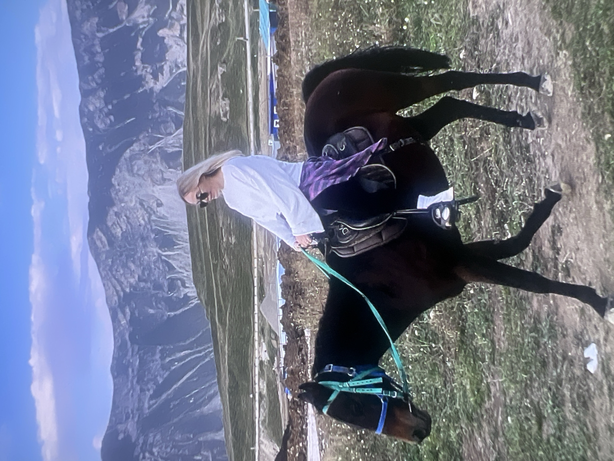 A woman is seen riding a brown horse outdoors in a mountainous landscape. The image is oriented vertically, showing the woman and horse positioned against a backdrop of imposing grey mountains under a bright blue sky with scattered white clouds.
The woman, with blonde hair, is wearing a white long-sleeved shirt and sunglasses. She is seated on a brown saddle with what appears to be a purple plaid shirt or scarf tied behind it. Her hands are holding the reins, which are a vibrant teal color. The horse is dark brown with a teal and blue bridle. Its four legs are visible, standing on a patch of grassy and dirt terrain.
In the background, behind the horse and rider, are large, rugged mountains with visible rock formations and some sparse vegetation. The foreground consists of dry grass and a dirt path. There are hints of distant structures or tents on the flatter ground between the mountains and the immediate setting, suggesting a camp or a rest area. The overall impression is that of a scenic horseback riding adventure on a clear day in a natural, elevated environment. No visible text is present in the image.