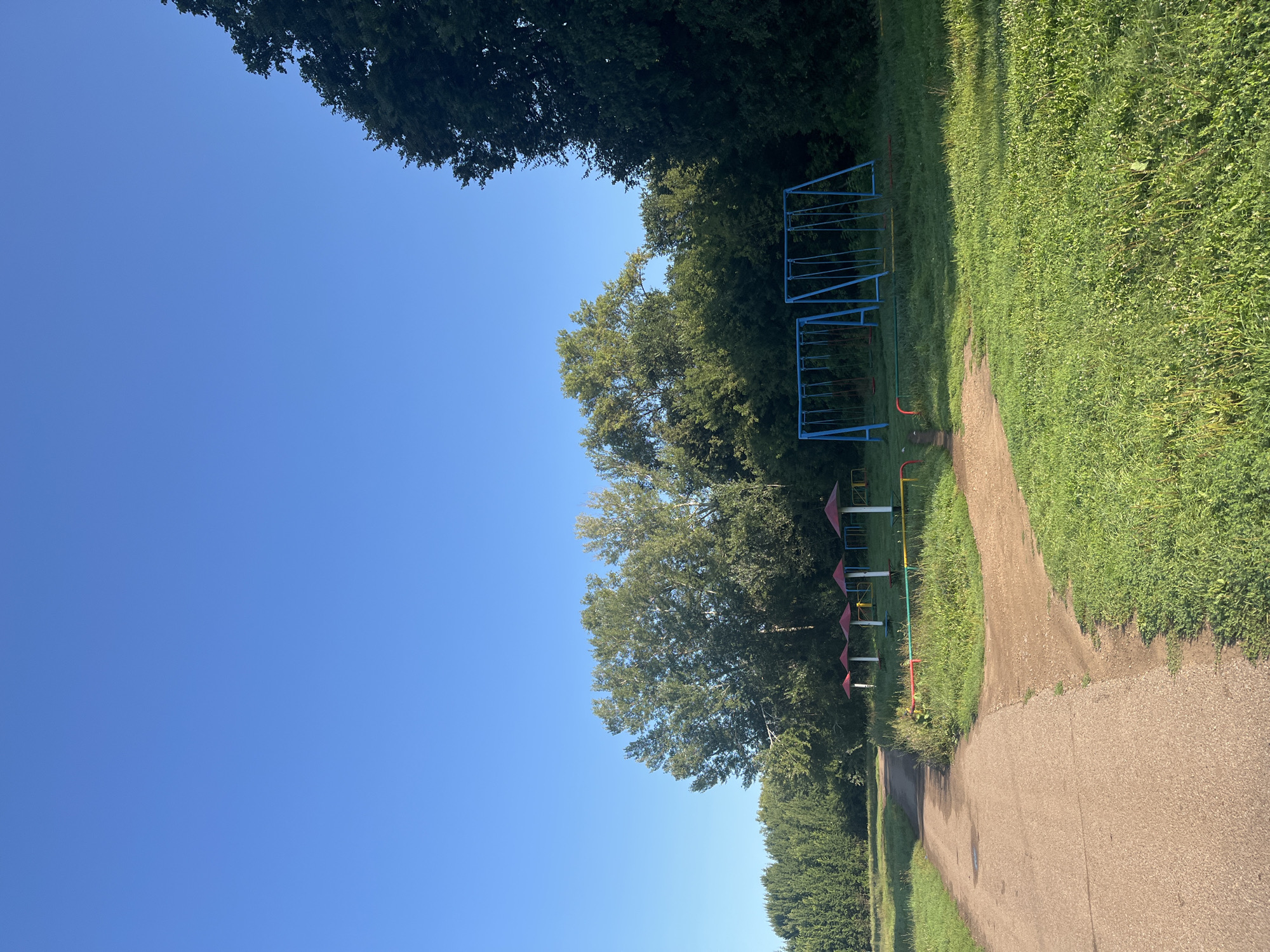 The image shows a view of a children's playground and surrounding parkland in Blagoveshchensk, Russia. The sky is clear and blue. In the foreground, a paved path branches off into a dirt path. To the right of the paths is a grassy area with several playground structures. There are two blue swing sets, each with multiple swings. In front of the swings and further to the left are several red-topped mushroom-shaped structures, possibly small shelters or decorative elements. Behind the playground, a dense line of trees forms the background, with taller trees in the distance. The overall scene depicts a quiet, outdoor recreational space.