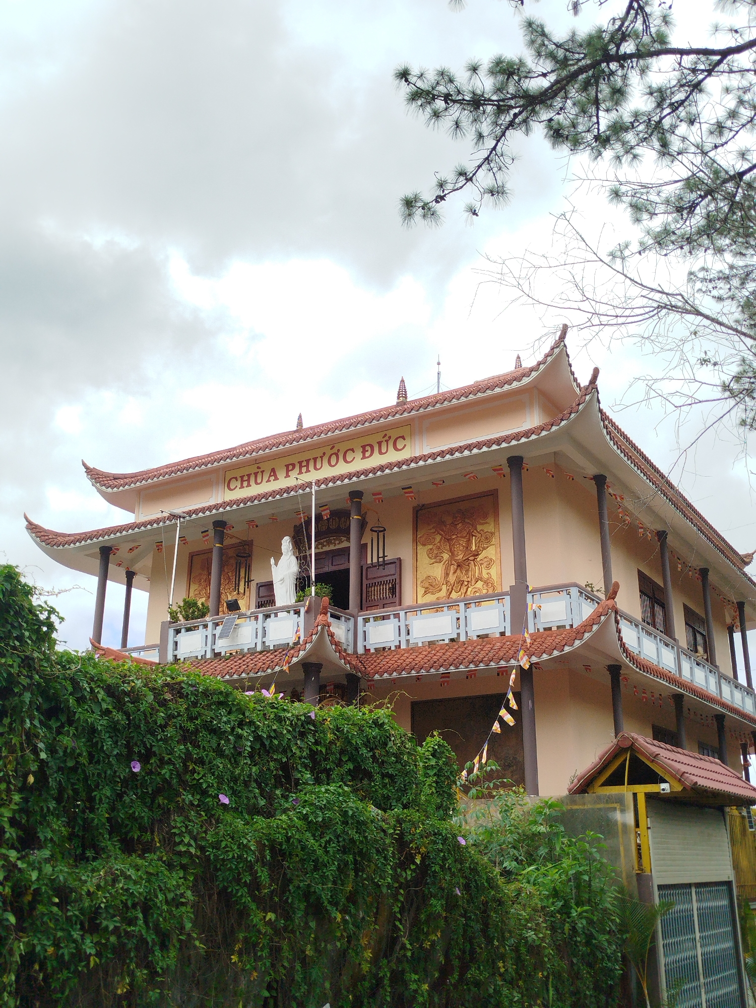 The image shows a multi-story Buddhist temple, identified by the Vietnamese text "CHÙA PHƯỚC ĐỨC" on its facade, located in Da Lat, Vietnam. The temple features traditional East Asian architecture with curved, tiled roofs, ornate gold reliefs on the upper story, and a white statue of a deity on a balcony. The building is a light tan color and is supported by dark columns. In front of the temple, a thick, vibrant green vine covers a wall, with small purple flowers interspersed. To the right of the temple, a smaller structure with a yellow-trimmed roof and a metal roll-up door is visible. The sky is overcast, and pine branches hang into the frame from the top.