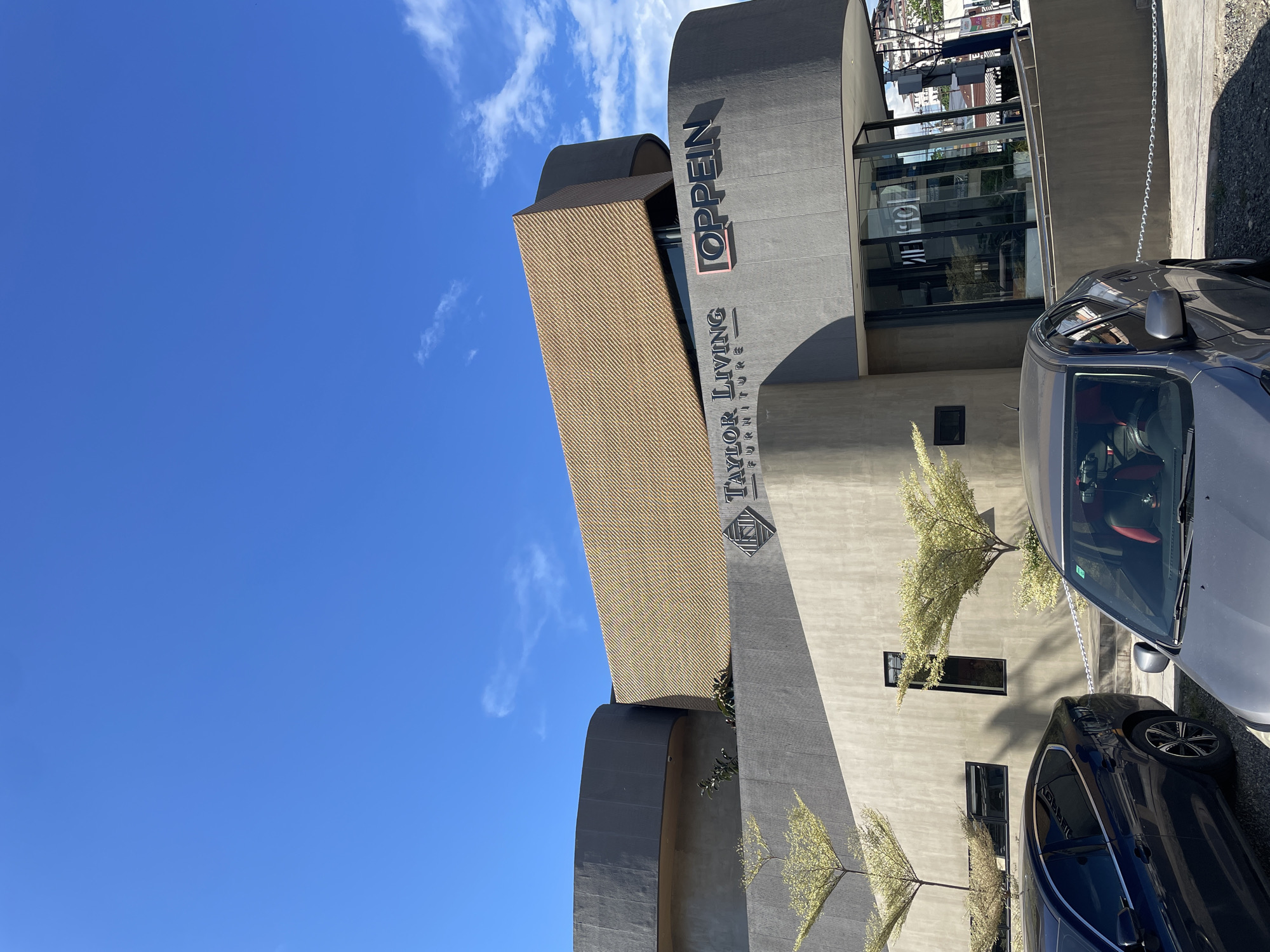 The image shows the exterior of a modern building in Davao City, Philippines, likely a furniture store, indicated by the prominent signage "TAYLOR LIVING FURNITURE" and "TOPPEIN." The building features a curved facade with a grey, textured finish, and an upper section clad in a golden, patterned material. The sky above is bright blue with scattered white clouds. In the foreground, two cars are parked. The car on the left is a dark blue sedan, and the car on the right is a grey sedan. Several stylized trees with sparse, light-colored foliage are planted in front of the building. The overall scene depicts a commercial establishment on a clear, sunny day.