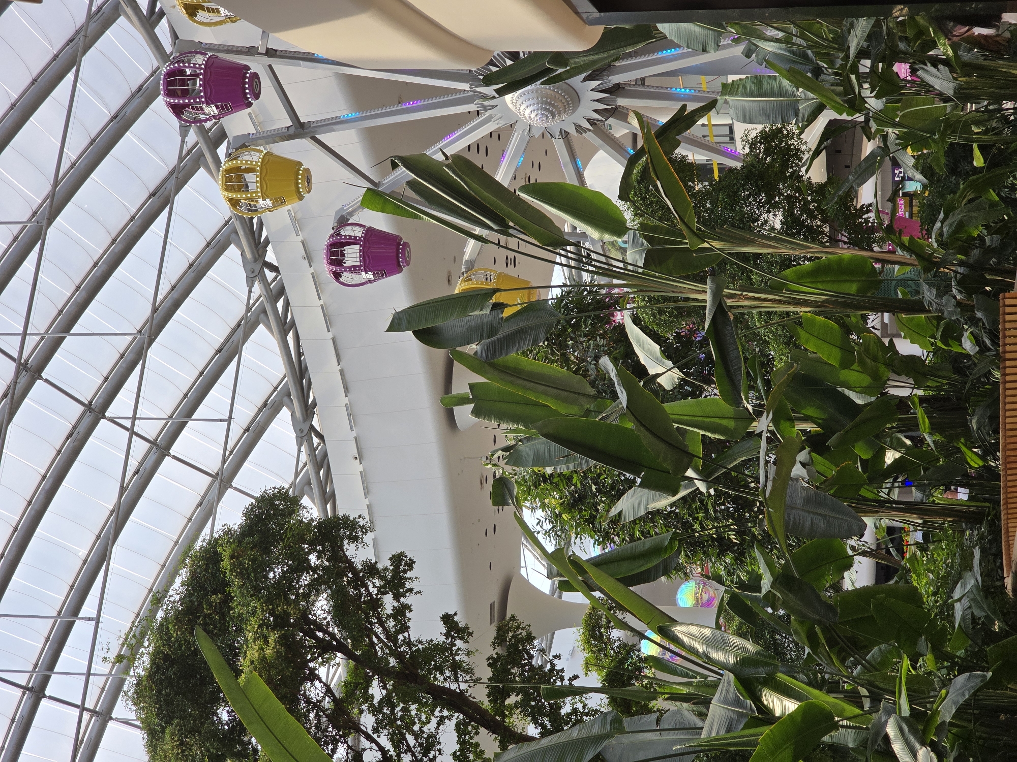 The image depicts an indoor amusement park or entertainment venue with a Ferris wheel as the central object. The Ferris wheel has colorful gondolas, predominantly purple and yellow, suspended from a white ceiling structure. The ceiling itself is a translucent, arched material supported by a framework of metal beams. Lush green foliage, likely from large indoor plants, occupies the foreground and right side of the image, partially obscuring the view of the Ferris wheel and surrounding structures. The lighting suggests it is daytime, with natural light filtering through the translucent ceiling. In the background, hints of other indoor attractions are visible, including colorful lights and what appear to be signs with text, though the text is too blurry to read. The overall scene conveys a sense of vibrant indoor entertainment within a well-lit, modern facility. There are no people visible in the image, and the emotion conveyed is one of leisure and amusement. The location is identified as Kyiv, Ukraine.