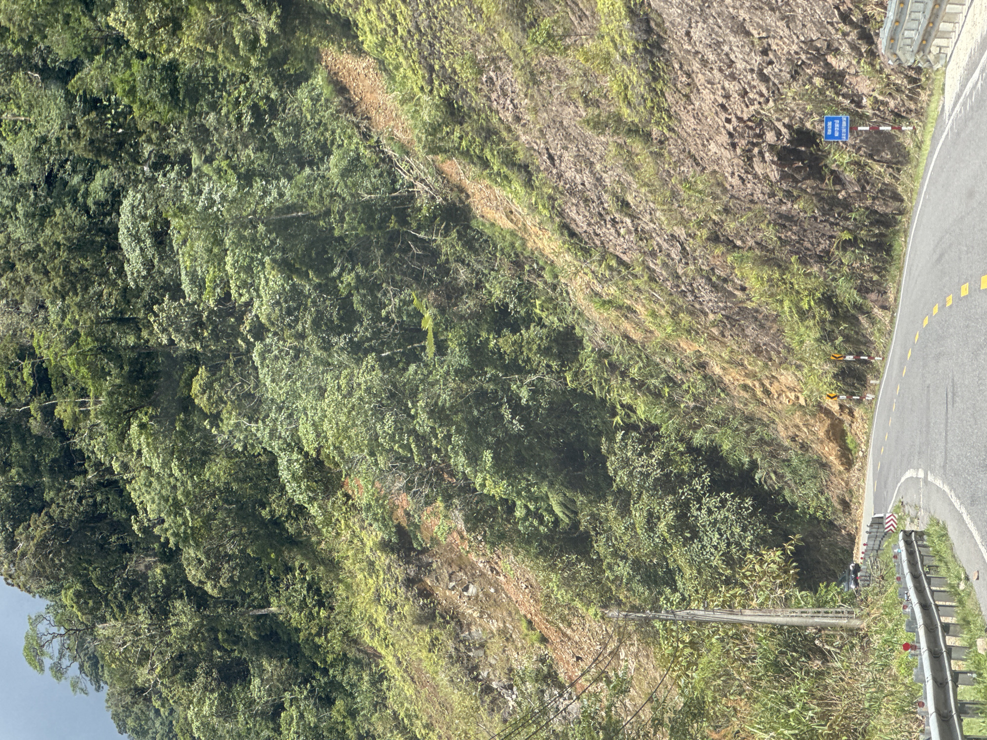 The image shows a winding mountain road in the city of Nam Khánh Vĩnh, Vietnam. The road curves to the left, with guardrails on the outside edge. The surrounding environment is a steep, densely forested mountainside with evidence of a recent landslide. A utility pole with overhead wires is visible on the left side of the road, and a black car is parked further up the road. Several road signs are present, including a blue sign with Vietnamese text on the right side of the road, and yellow warning signs indicating curves. The sky is overcast.