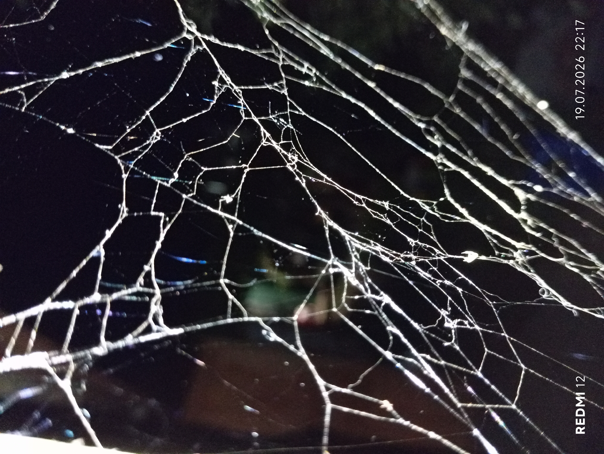 The image displays a close-up, macro view of a spiderweb against a dark background. The web is intricate, with numerous fine threads forming a complex pattern of geometric shapes and radial lines. Some of the threads are illuminated, appearing as bright white or silvery lines, reflecting light. Tiny droplets of water or dew are visible on some of the threads, catching the light and appearing as small, bright dots. The background is predominantly black, suggesting a nighttime setting or a dark, enclosed space. There is a subtle reflection visible in the upper left portion of the image, hinting at the presence of glass or a reflective surface behind the web. The lower left corner of the image features the text "REDMI 12" and the lower right corner displays "19.07.2026 22:17". There are no people, animals, or specific landmarks visible that would indicate a location in Smila, Ukraine.