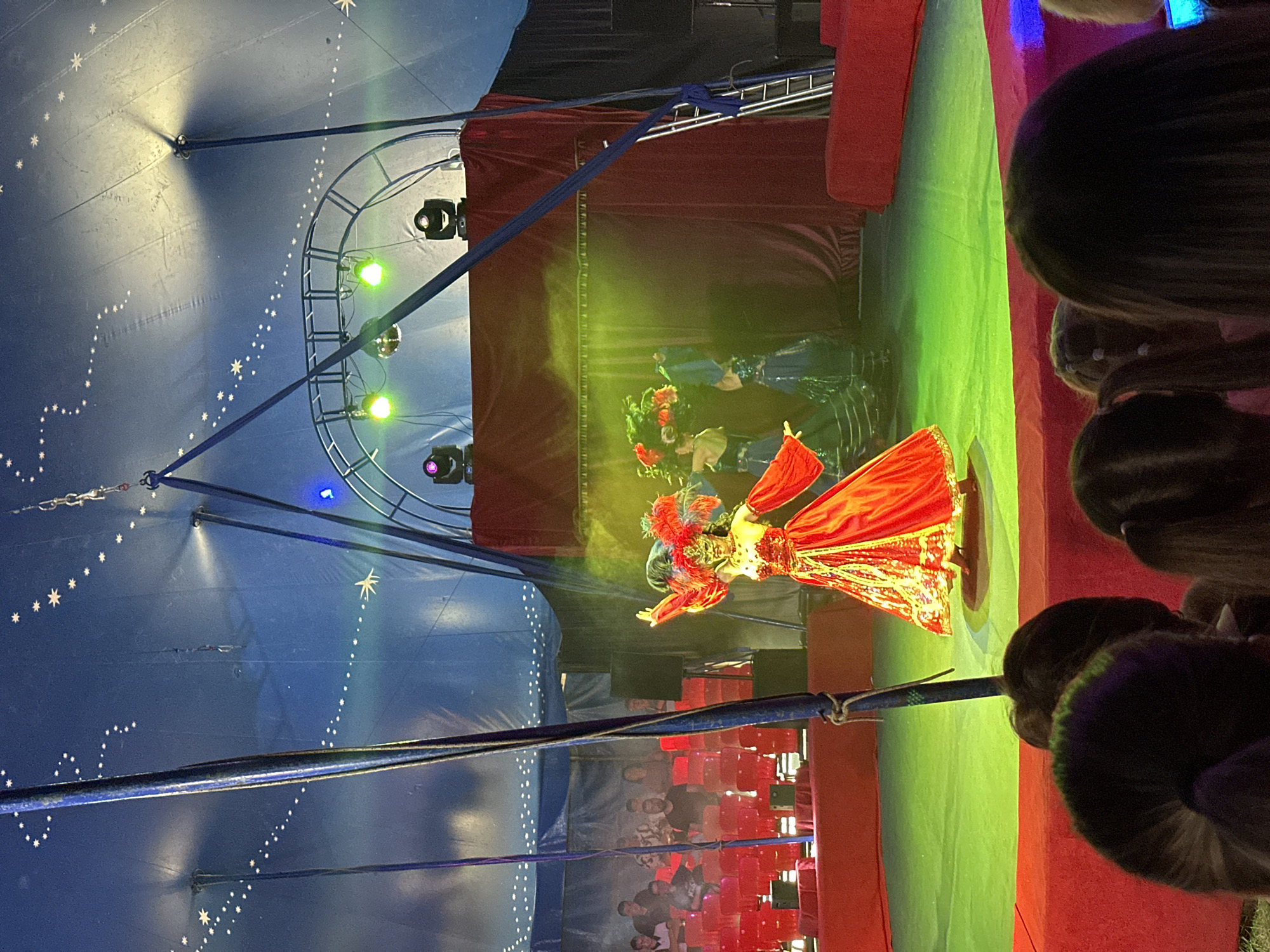 In Novoaltaysk, Russia, a circus performance is underway within a large tent. The central focus is a performer in an elaborate red and gold costume, adorned with a feathered mask and headpiece, striking a pose on a green and red circular stage. To the right of the main performer, two other individuals in dark, ornate costumes are visible, also engaged in the performance. Behind them, a backdrop of red velvet curtains is illuminated by green and yellow stage lighting, creating a dramatic atmosphere. Spotlights are mounted on a curved structure above the stage, and a disco ball hangs nearby. The tent's blue ceiling is decorated with a pattern of white stars. In the background, an audience is seated in red chairs, their faces partially obscured. In the foreground, the heads and hair of several audience members are visible, looking towards the stage.