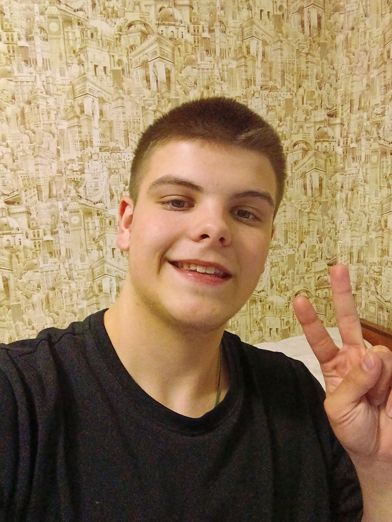 A young man with short brown hair and light skin smiles at the camera, giving a peace sign with his right hand. He wears a black T-shirt. Behind him is a wallpaper depicting a densely packed cityscape in shades of beige and brown. The location is Красный Маяк, Russia.