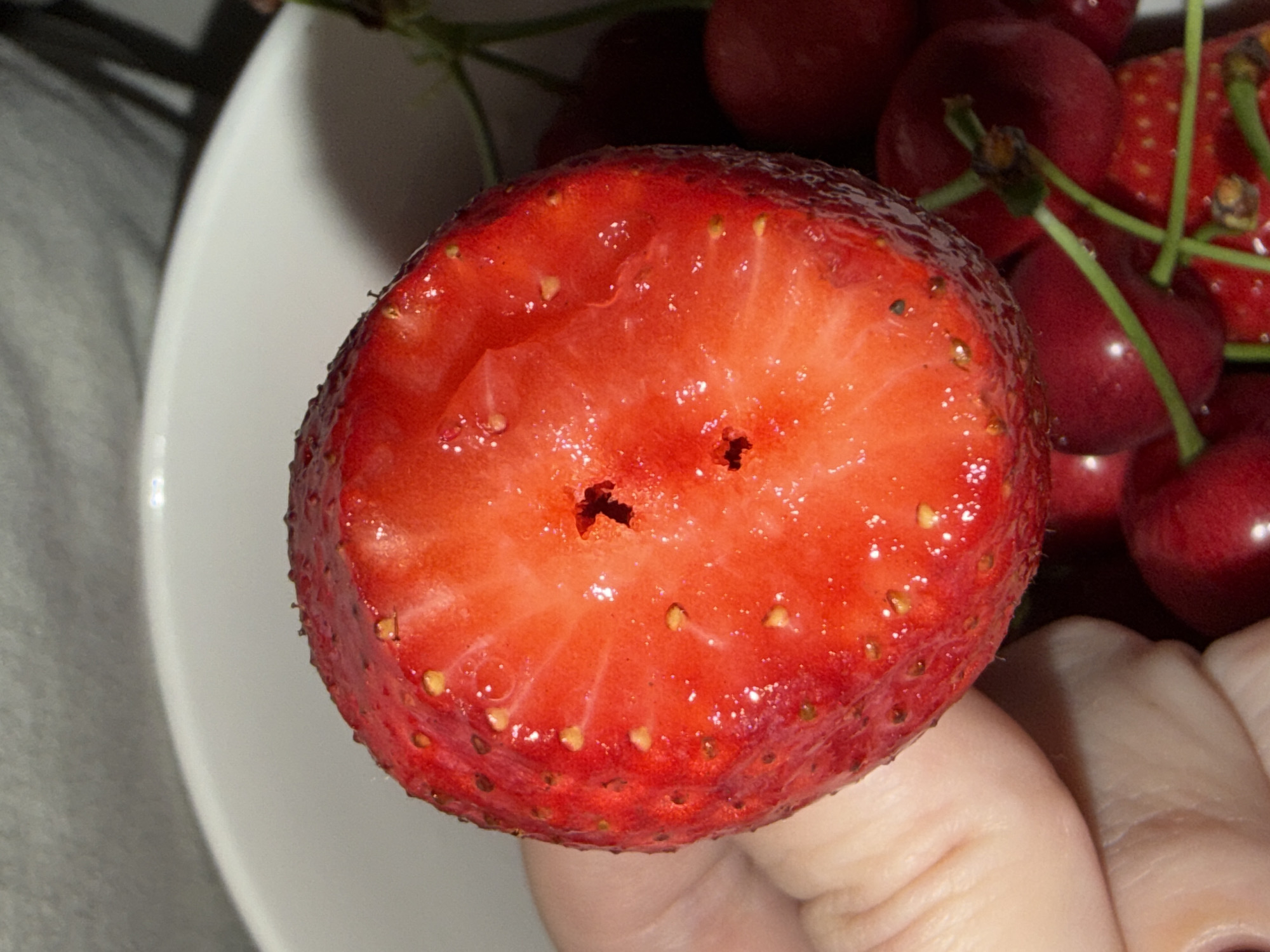 A close-up shot focuses on a halved strawberry held in a person's hand. The cut surface of the strawberry is bright red, with visible seeds and a slightly hollowed center. The exterior of the strawberry is also red and dotted with small seeds. In the background, a white bowl is visible, containing several cherries and another strawberry. The lighting creates highlights and shadows on the fruit. The image does not contain any information about the location in Cheltuitori, Moldova.
