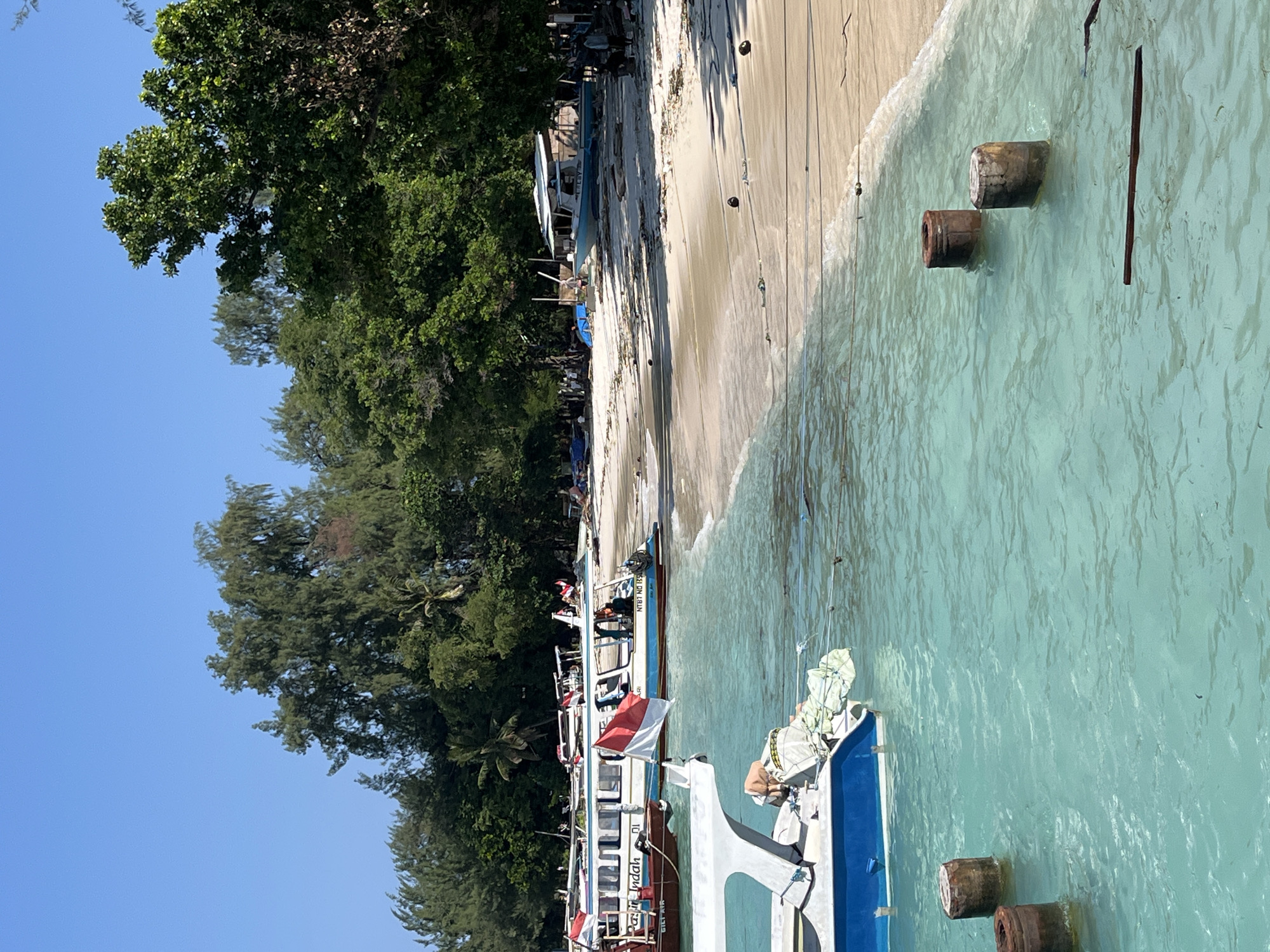 The image shows a beach in Unknown, Indonesia. Along the shoreline are docked several boats. The water is a light turquoise color. The beach is sandy with debris scattered along it. A line of trees separates the beach from what appears to be a developed area. The sky is clear and blue. Wooden posts jut out of the water near the boats. The boats closest to the foreground are predominantly white and blue. Several of the boats have Indonesian flags displayed.