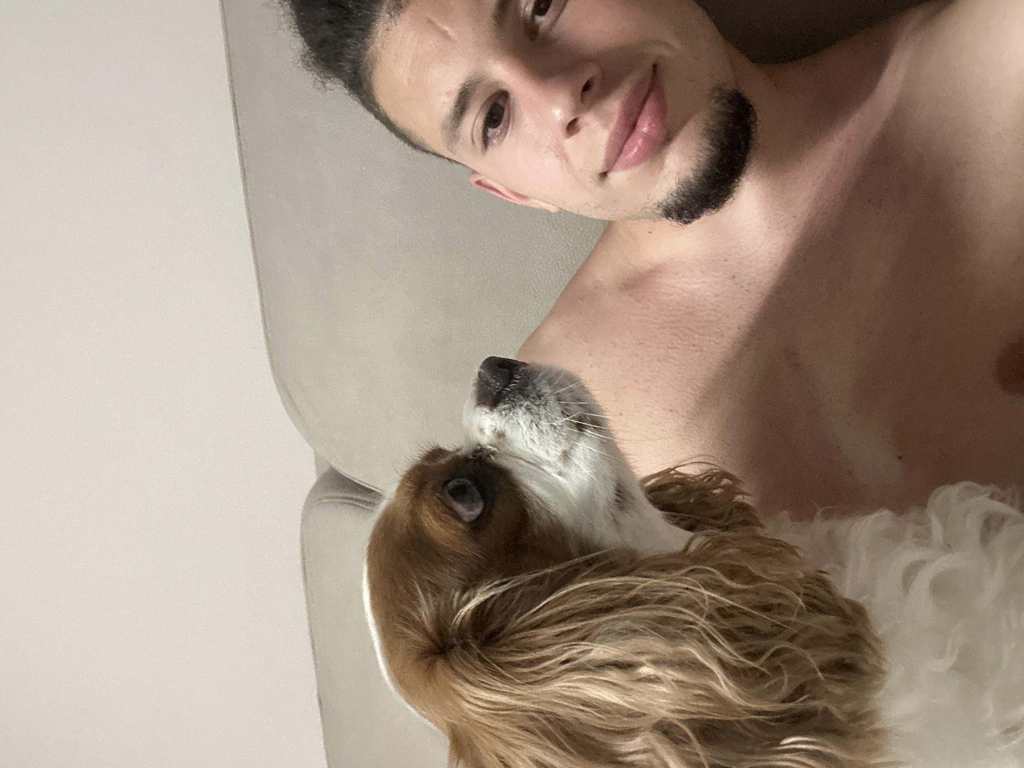The image displays a young adult male and a Cavalier King Charles Spaniel dog in an indoor setting. The male is situated on the right side of the frame, captured from the head to the upper chest, shirtless, with dark, curly hair pulled back and a goatee. He exhibits a faint smile directed towards the viewer. The dog, a Blenheim-colored Cavalier King Charles Spaniel with long, wavy brown and white fur, occupies the left side of the frame, positioned next to or on the man. Its head is turned to the right, with wide-open eyes looking slightly upwards. The background consists of a plain, light-colored wall and a portion of a light-gray upholstered couch or bed, indicating a domestic environment.