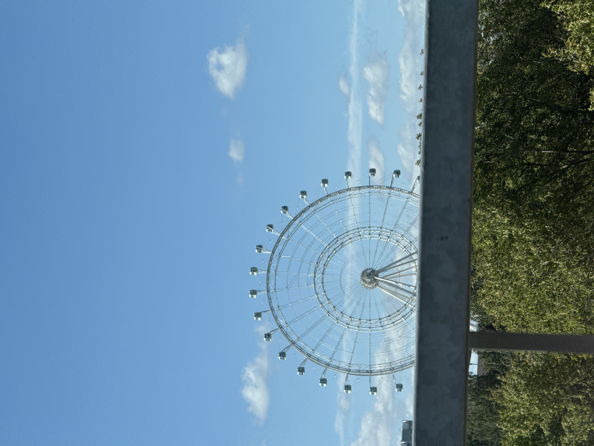 A large, modern Ferris wheel with white gondolas stands against a bright blue sky with scattered white clouds. The Ferris wheel is the central focus of the image, dominating the middle and right portions of the frame. In the foreground, a grey metal railing runs horizontally across the bottom half of the image, partially obscuring a dense canopy of green trees. The trees are lush and full, suggesting a park or natural area. The overall scene depicts a clear day, likely in a recreational area within a city. The specific location in Moscow, Russia is identified as the Ferris Wheel of Moscow, also known as the "Sun" or "Solntse" Ferris Wheel, located at the Moscow Central Circle.