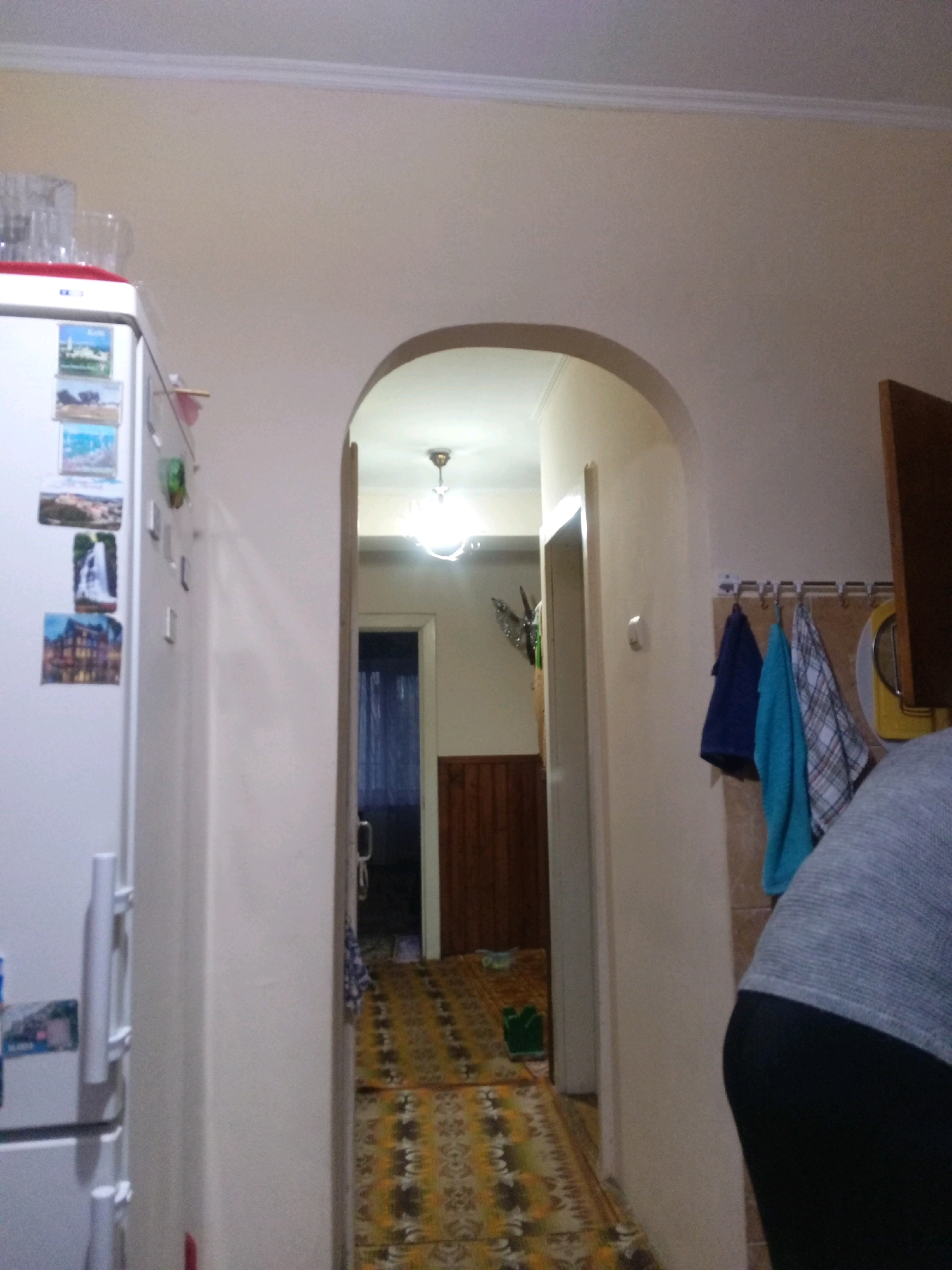 The image depicts an indoor scene, likely a kitchen or hallway in a residential dwelling, potentially located in Tiachiv, Ukraine. In the foreground, to the left, is a white refrigerator with several framed pictures affixed to its door, including images of a building, a waterfall, and a landscape. The refrigerator has a vertical handle. Adjacent to the refrigerator, to the right, is an arched doorway leading to another area of the dwelling. The doorway reveals a hallway with a patterned rug on the floor. Further down the hallway, a light fixture is visible on the ceiling, and wooden paneling lines the wall. To the right of the doorway, a person, partially visible from the shoulder down, is wearing a grey long-sleeved shirt and dark pants. Behind this person, a rack with several items of clothing, appearing to be towels or small garments, is mounted on the wall. The walls are a light, neutral color, and a white molding runs along the top of the wall near the ceiling. The overall impression is of a lived-in domestic space.