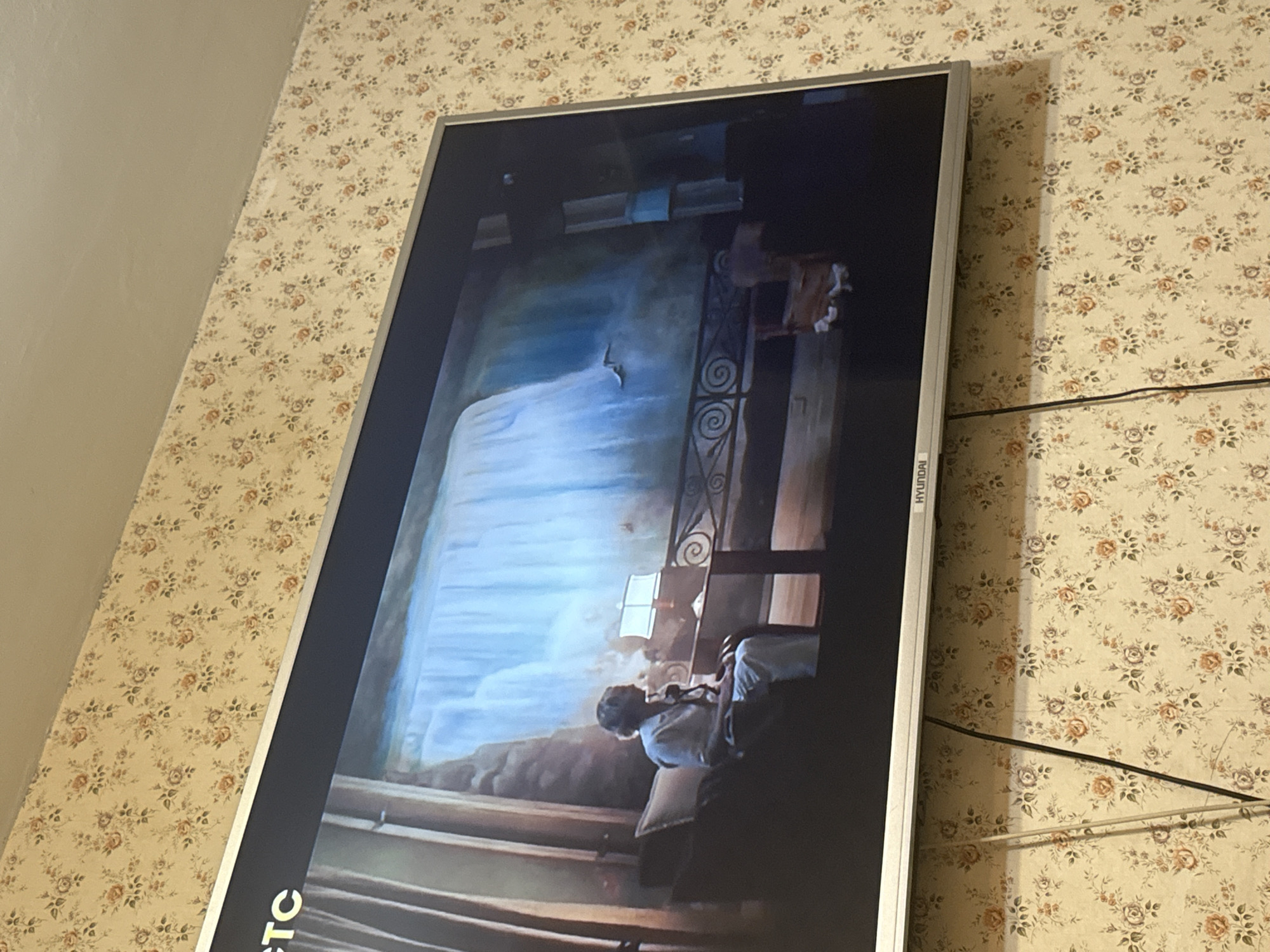 A television is mounted on a wall with a floral patterned wallpaper. The screen displays an image of a scene depicting a person in what appears to be an interior setting with a waterfall in the background. The television is a Hyundai. The lower left corner of the screen shows the word "CTC". Two electrical cords are visible against the wallpaper. The location is Mytishchi, Russia.