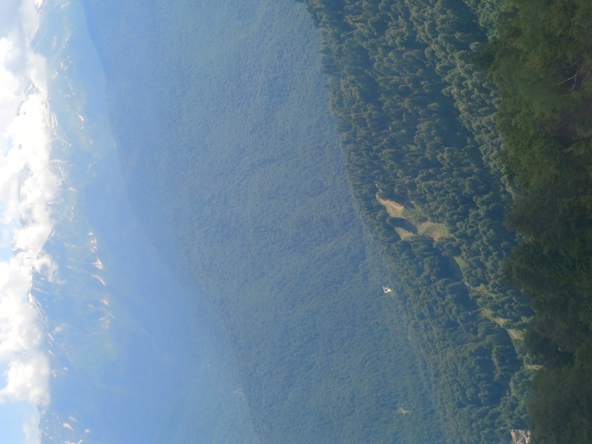 This aerial photograph captures a vast, forested mountain landscape in Estosadok, Russia. The image is dominated by dense, green foliage covering the slopes, with patches of snow visible on the higher mountain peaks in the distance on the left. Clouds partially obscure the mountain range, suggesting a partly cloudy day. The vast expanse of trees gives way to a lighter, hazy blue sky towards the left side of the frame. A small, white object, possibly an aircraft or a paraglider, is visible against the forested backdrop, suggesting recreational activity or travel in the area. The sunlight filtering through the atmosphere creates a soft, diffuse light, indicating it could be morning or afternoon. There is no visible text in the image. The scene evokes a sense of natural beauty and scale, with the dense forest representing a wild, untamed environment.