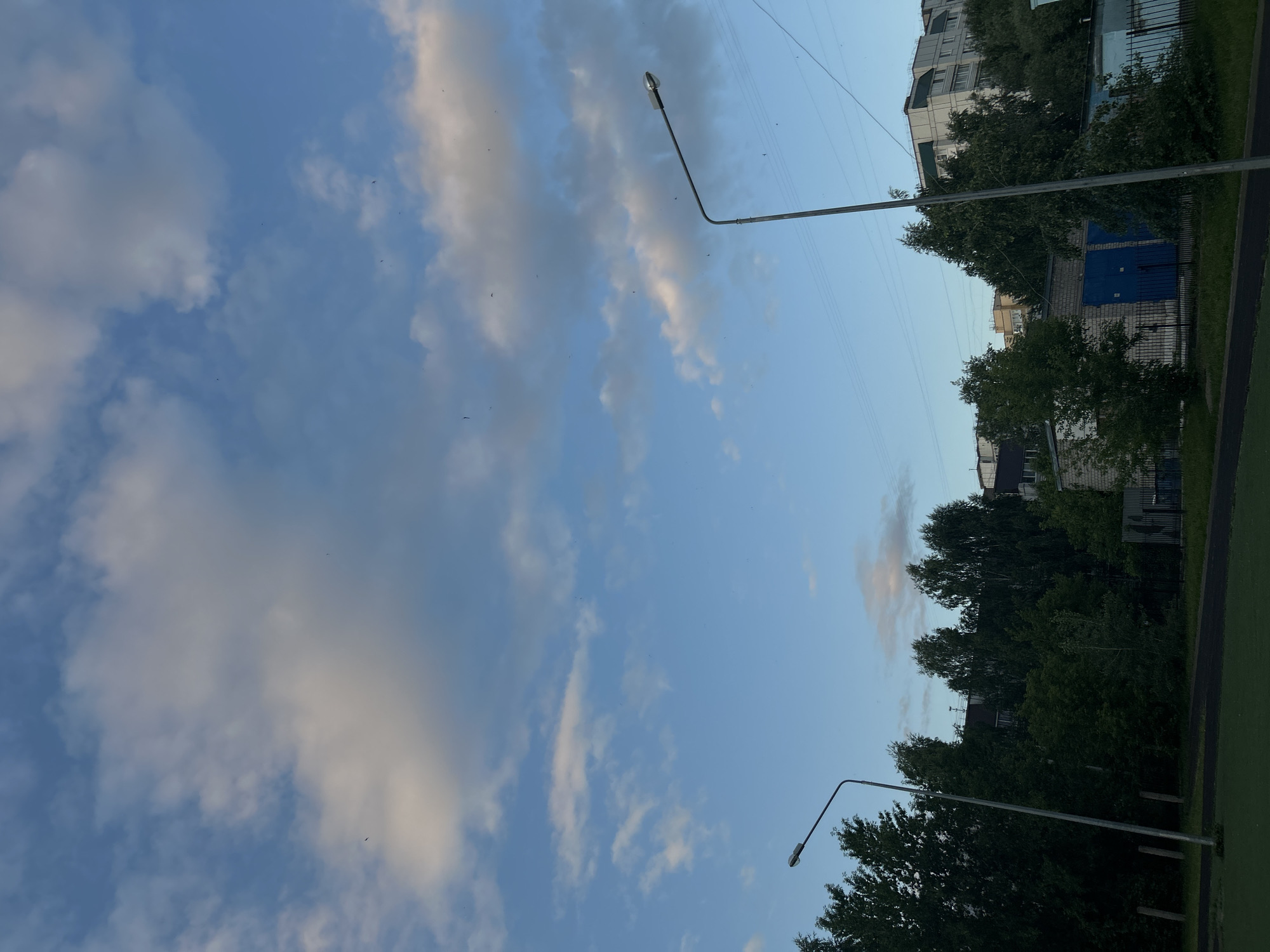 The image depicts an outdoor scene in Chaikovsky, Russia, featuring a streetlamp in the foreground on the left, casting a long shadow across a dark green, textured surface that appears to be a running track or sports field. The streetlamp is positioned in front of a dense line of dark green trees. Behind the trees, several low-rise brick buildings with blue doors are visible, some of which have fences in front of them. Further in the background, multi-story residential buildings with light-colored facades and visible windows are present, suggesting a neighborhood or apartment complex. The sky above is a clear blue with scattered white and grey clouds, some of which are tinged with pink and orange, indicating either sunrise or sunset. A few thin power lines are visible against the sky. No people or animals are apparent in the image.