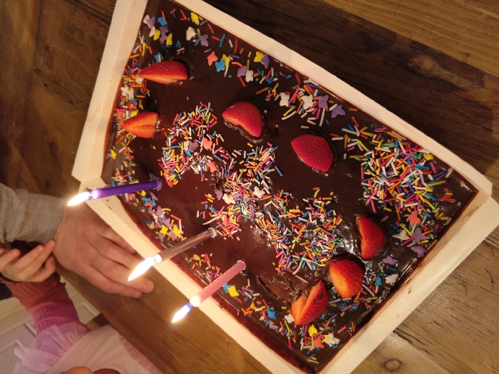 The image captures a rectangular chocolate cake presented in a white disposable tray, resting on a light brown wooden surface. The cake is covered in a dark brown, glossy ganache or frosting, extensively decorated with multicolored stick sprinkles and fewer multicolored butterfly-shaped sprinkles. Seven halves of red strawberries are distributed across the cake's surface. Three lit candles are inserted into the cake: one pink, one silver-colored, and one purple, arranged from left to right. In the upper left background, partially obscured and out of focus, two sets of hands are visible: a small hand with a pink ruffled sleeve rests upon a larger hand wearing a grey long-sleeved garment. The environment appears to be an indoor setting with ambient lighting. The specific location within Tel-Aviv, Israel, is not discernible from the visual information provided.