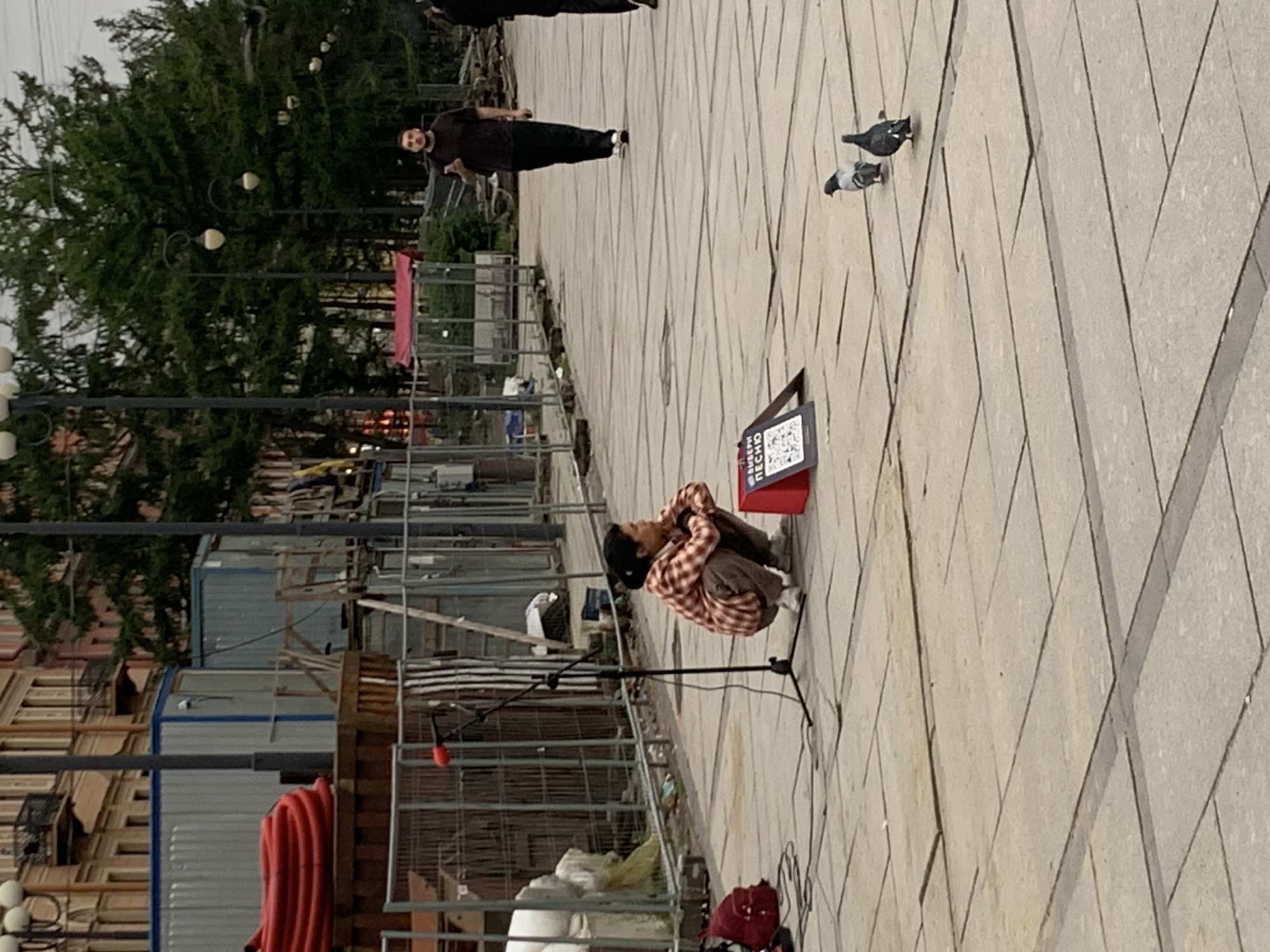 The image depicts a street scene in Saint Petersburg, Russia, likely on a sidewalk or pedestrian walkway. In the foreground, a person is crouched on the ground, wearing a plaid shirt and dark pants. A microphone stand is positioned in front of them, and a small red box with a QR code is visible nearby. Several pigeons are scattered on the pavement around the crouching individual. In the background, a man in a dark t-shirt and pants walks away from the camera, holding a phone. Construction barriers and temporary structures, including what appears to be a large red coil of material, are present in the middle ground, suggesting ongoing urban development or renovation. The architecture of a building with multiple windows is visible in the upper left corner, and tall trees line the background. The overall scene conveys a sense of everyday urban life with elements of construction and street performance.