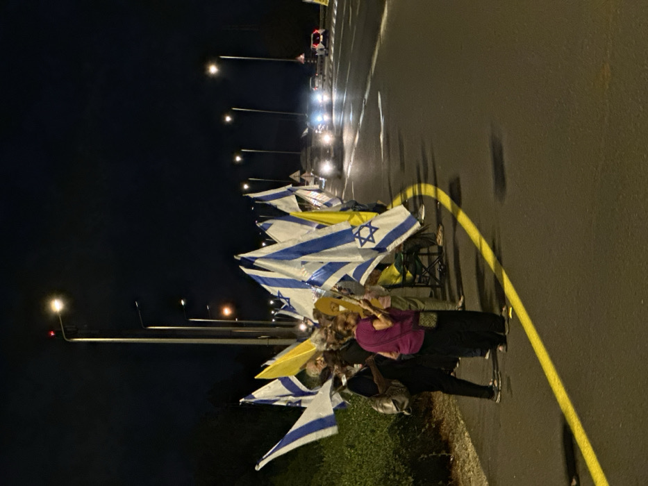 At night in Mishmar Hasharon, Israel, a group of approximately 5-10 individuals stands on the shoulder of a multi-lane road. The sky is dark, and the scene is illuminated by multiple streetlights spaced along the road, as well as headlights from approaching vehicles in the distance. Dense green shrubbery lines the left side of the road. A continuous yellow line marks the edge of the asphalt where the individuals are positioned. Most people are holding and displaying numerous Israeli flags, which are white with two horizontal blue stripes and a central blue Star of David. Several yellow flags or signs are also visible among the Israeli flags. One person on the far left wears a dark top and light-colored backpack. A person in the foreground wears a purple shirt and dark pants, holding a white rectangular sign. Another person is seated in a dark folding chair. No direct interactions between individuals are visible.