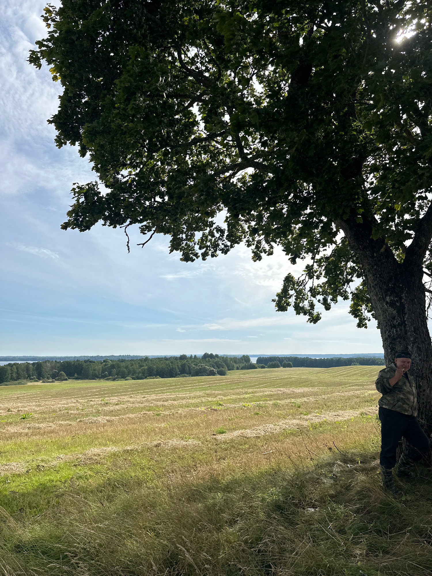A man stands near the trunk of a large, leafy tree, leaning against it and smoking a cigarette. He is wearing a camouflage jacket, dark pants, and dark boots. The tree is in the foreground, casting a shadow on the tall grass at its base. Beyond the tree, a vast, sun-drenched field stretches out, with neatly mown rows of grass forming a striped pattern. In the distance, a dense line of green trees marks the edge of the field, and further still, a body of water is visible under a bright, partly cloudy sky. The scene is set in a rural area, likely in the Нарацкі сельскі Савет region of Belarus, given the landscape and vegetation.