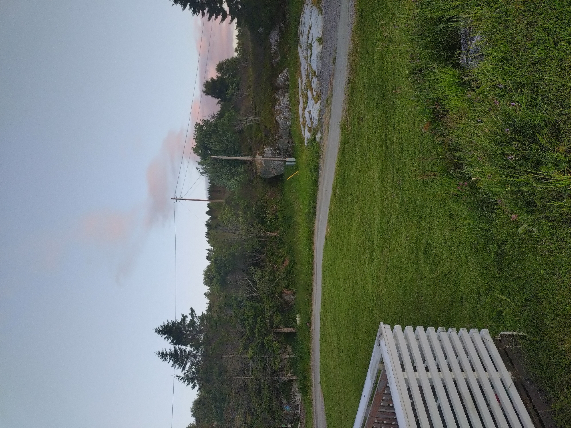 This is a medium-angle, full shot of a rural landscape scene in Sveggen, Norway, captured at dusk. The foreground features a neatly trimmed green lawn with a white wooden railing on the left side. A paved road curves through the middle ground, separating the lawn from a wooded hillside. The hillside is densely populated with various trees, including tall evergreens and deciduous trees. Further back, rocky outcrops and exposed stone formations are visible. The sky above is a pale blue, with wisps of pinkish clouds suggesting the last light of sunset. A single utility pole with wires runs across the scene, disappearing into the trees. The overall impression is one of natural serenity and quietude.