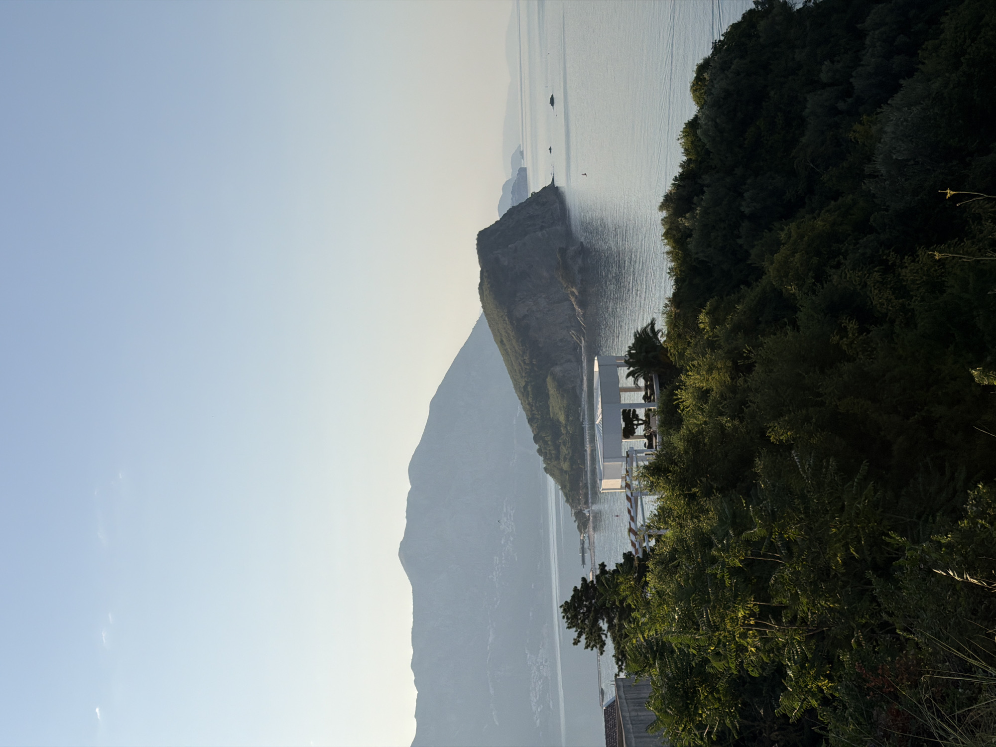 The image captures a panoramic view of a coastal landscape, likely from an elevated vantage point overlooking the Adriatic Sea. In the foreground, lush green trees and foliage dominate the lower portion of the frame, suggesting a hilly terrain. Beyond the vegetation, a body of water stretches to the horizon.
Dominating the middle ground is a distinctive rocky island covered in dense greenery, jutting out into the sea. Adjacent to this island, on the coastline, is a modern white structure with an open-air canopy and seating areas, possibly a restaurant or a venue. Further in the distance, a larger mountain range forms the backdrop, with its slopes shrouded in a light haze. The sky is clear and pale blue, with a few wispy clouds near the top.
The scene appears to be set in Budva, Montenegro, a coastal town known for its picturesque islands and mountainous hinterland. The time of day seems to be either early morning or late afternoon, given the soft light and the calm water. There are no people clearly visible in the image. The overall impression is one of tranquility and natural beauty, enhanced by the architectural elements present.
