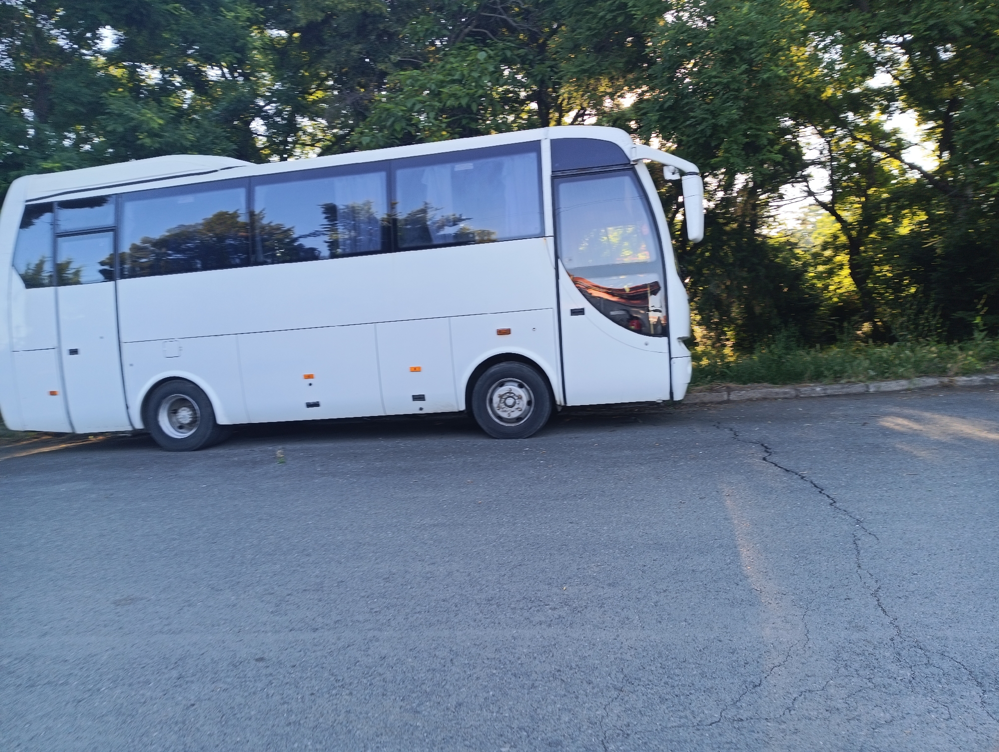 A white bus is parked on the side of a cracked asphalt road. The bus is facing to the right and has tinted windows. Trees with green foliage are visible behind the bus, with sunlight filtering through them. The scene appears to be in a semi-urban or rural setting.