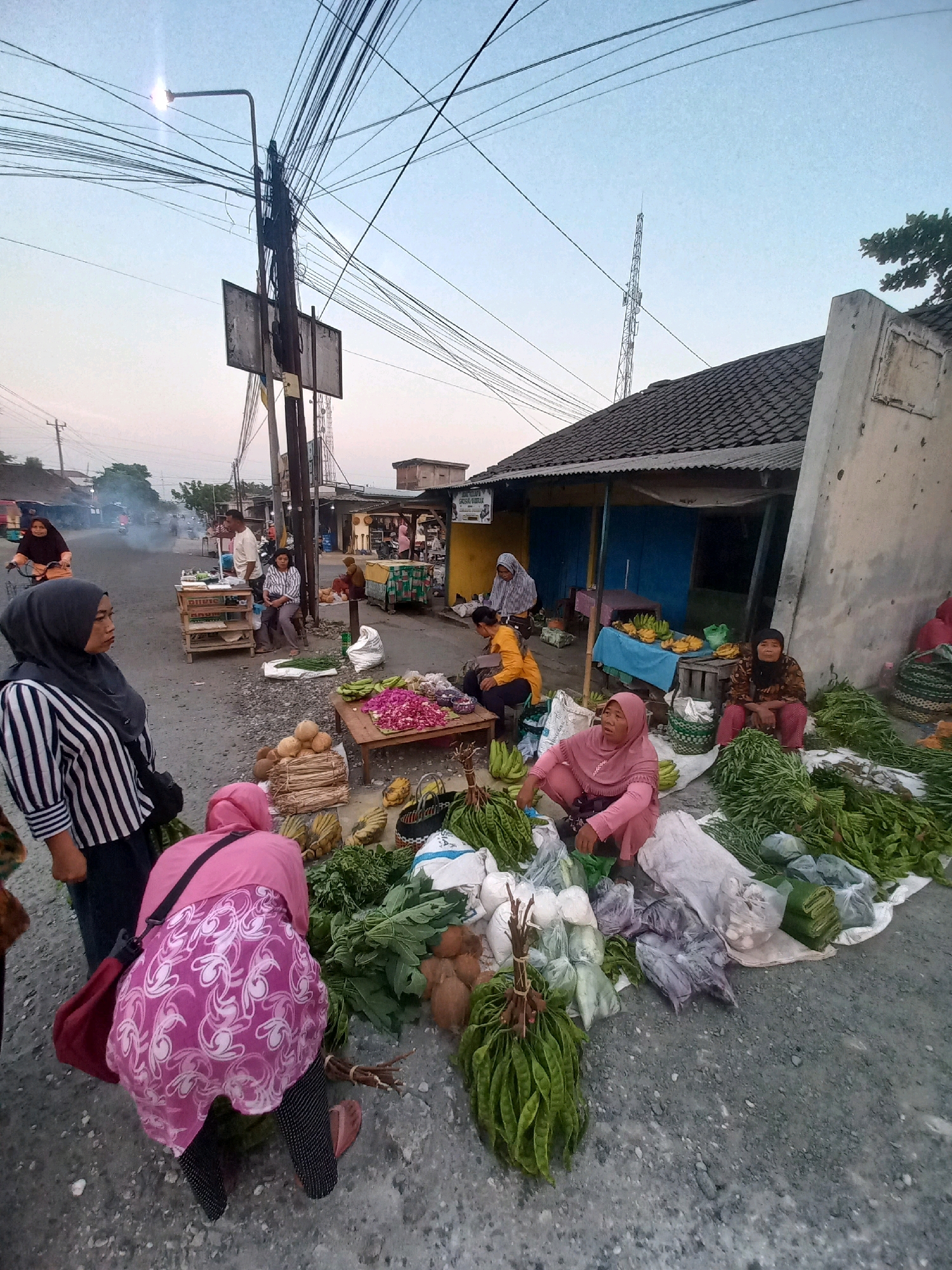 The image depicts a street scene in Baturetno, Indonesia, during what appears to be either dawn or dusk, given the lighting. A variety of vendors are selling fresh produce on the roadside, a common sight in many Indonesian towns.
In the foreground, a woman wearing a pink hijab and a patterned pink tunic is crouched down, sorting through green vegetables. To her left, another woman in a black and white striped hijab and top is standing, facing away from the camera. Several bunches of long green beans and other leafy vegetables are spread out on the ground in front of the vendors.
Further into the scene, a wooden table displays a pile of pink and red flower petals, possibly for sale or decoration. Next to it, bananas are arranged on a blue cloth, and other fruits and vegetables are visible. People are gathered around various stalls, some seated and others standing, interacting with the vendors. A man stands behind a wooden stall with various items displayed on shelves.
In the background, a street stretches into the distance, with other market stalls and buildings lining its sides. Smoke rises from a small fire or cooking area on the left side of the road. A woman on a bicycle is visible in the far distance. The overhead power lines are a prominent feature of the urban landscape, crisscrossing the sky above the street. The overall impression is of a bustling local market in operation.