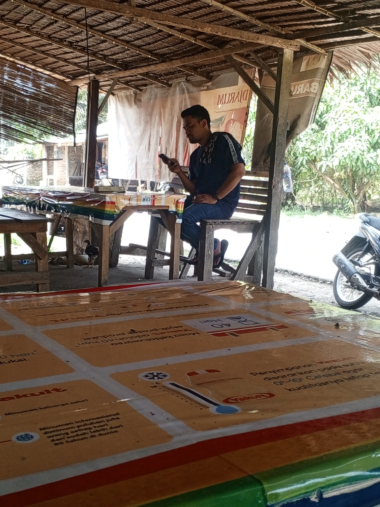 The image captures a scene under a rustic, open-air shelter with a thatched roof. A man, dressed in a dark blue t-shirt and blue jeans, is seated on a wooden bench, engrossed in his mobile phone. He is positioned in the middle ground of the image, with a wooden table in front of him. The table is covered with colorful wrappers and various items, suggesting it might be a makeshift stall or a place where goods are displayed.
In the background, to the right of the man, a motorcycle is parked. Behind the shelter, lush green foliage and trees indicate an outdoor environment. The ground appears to be dirt or gravel. The overall setting suggests a simple, possibly rural or semi-urban, location. There is text visible on some of the items on the table and in the background, but it is mostly illegible or out of focus. The presence of a chicken in the foreground adds to the informal atmosphere of the scene. The lighting suggests it is daytime, with sunlight filtering through the shelter. There is no indication of the specific location within Tanah Gara Hulu, Indonesia, other than the general impression of a tropical or subtropical environment.