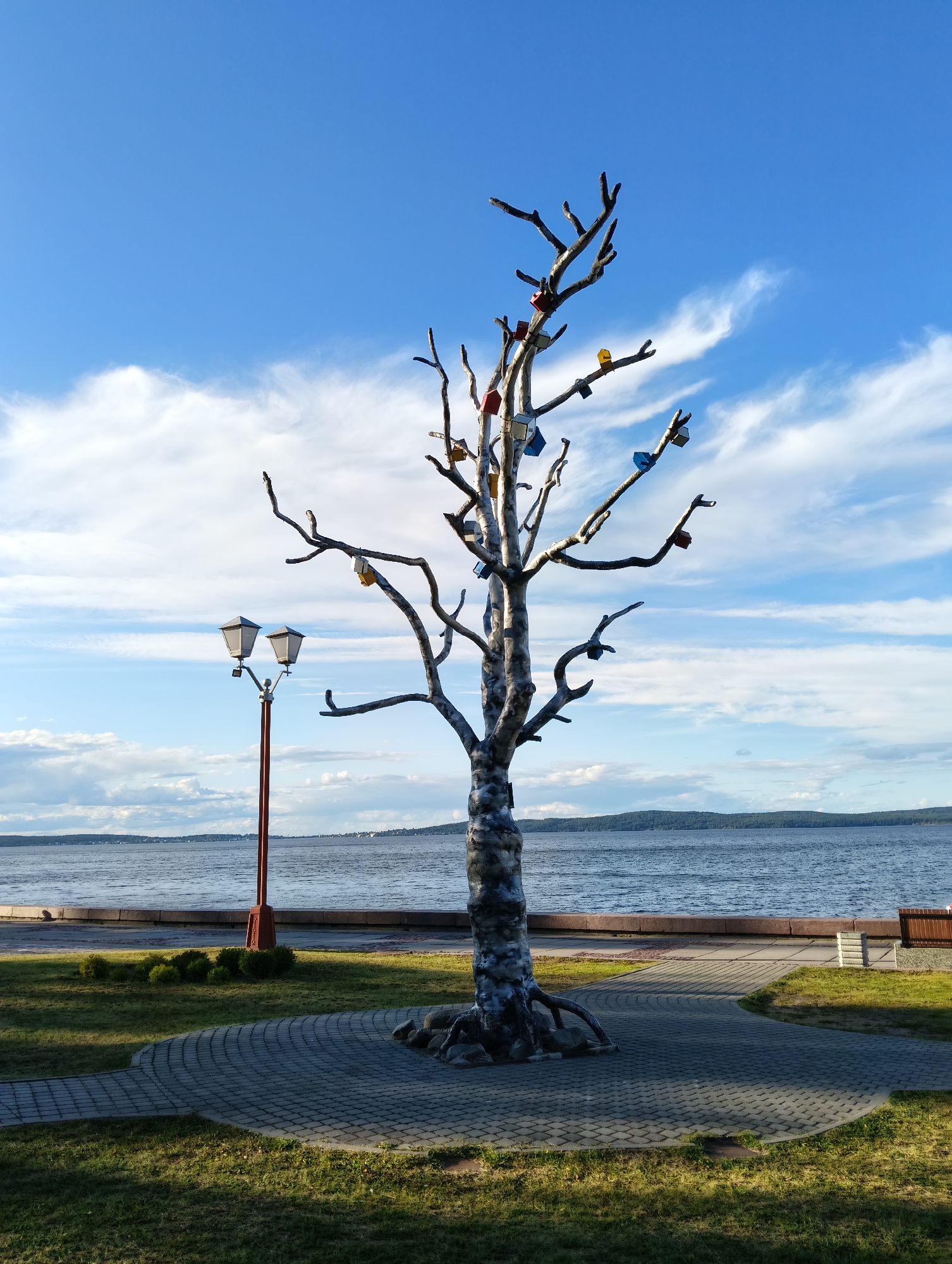 The image depicts a sculpture of a bare tree adorned with small, colorful birdhouses or decorative boxes, situated in a park area near a body of water. The sculpture is centrally located, with its roots firmly planted on a paved circular base. To the left of the tree, a traditional lamppost with two lights stands tall. The foreground consists of a manicured lawn and a paved walkway that curves around the sculpture. In the background, a wide expanse of water stretches to the horizon, with a distant tree-covered shore. The sky above is a clear blue, dotted with scattered white clouds. The scene appears to be the waterfront promenade in Petrozavodsk, Russia, specifically near the Onega Lake embankment, a popular public space known for its art installations. There are no people visible in the image.